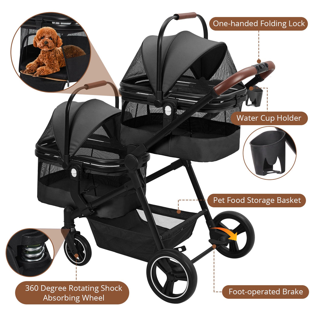 Garvee Double Pet Stroller with 2 Detachable Carriers, 4 Wheels Dog Stroller for 2 Dogs or Cats, Puppy Stroller with Storage Basket, 360-Degree Front Wheels and Cup Holder