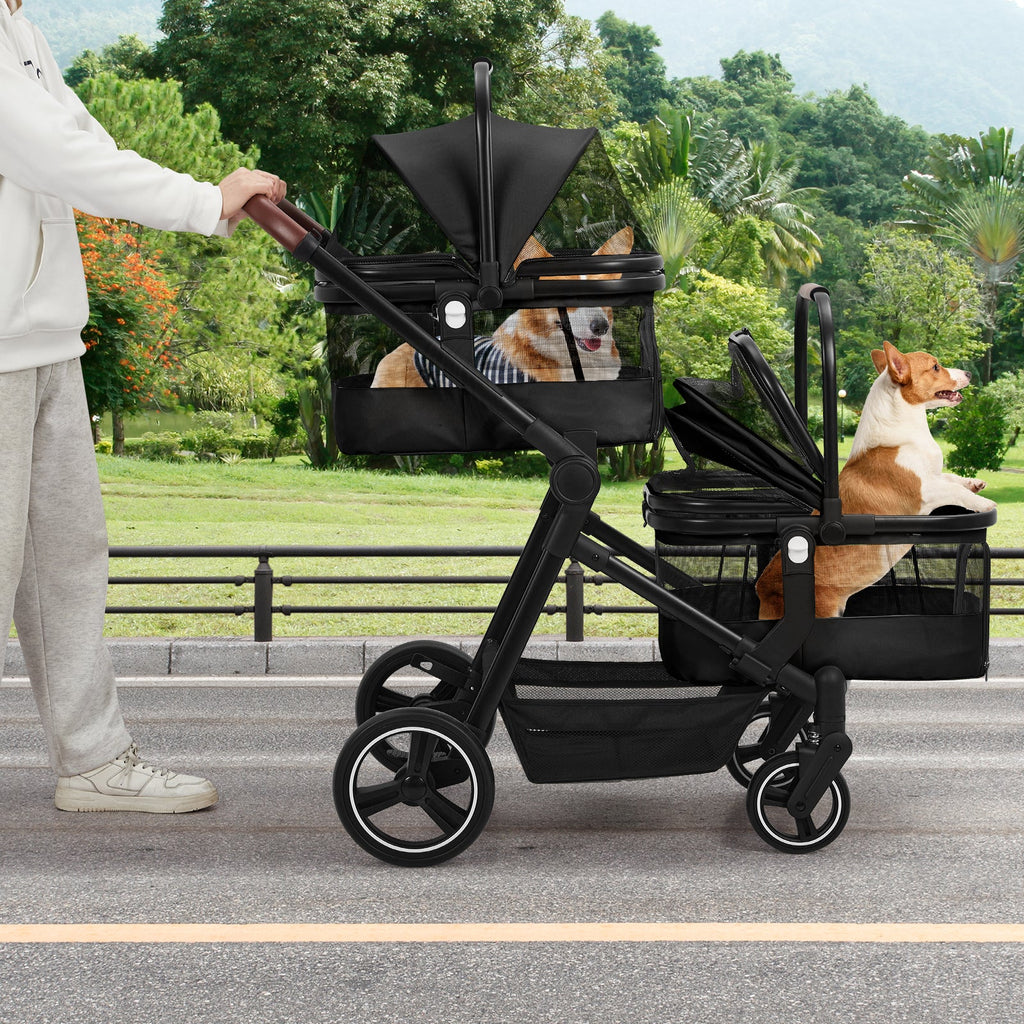 Garvee Double Pet Stroller with 2 Detachable Carriers, 4 Wheels Dog Stroller for 2 Dogs or Cats, Puppy Stroller with Storage Basket, 360-Degree Front Wheels and Cup Holder