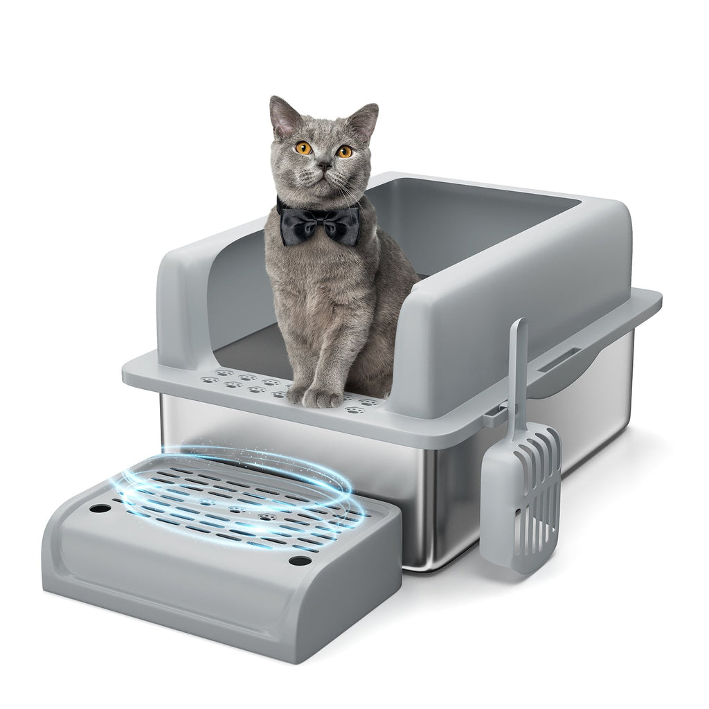 Garvee Extra Large Stainless Steel Cat Litter Box, XL Enclosed Litter Box with Lid for Big Cats, High Sided Metal Litter Box, Anti Leakage, Easy Clean and Odorless, Includes Scoop and Footboard