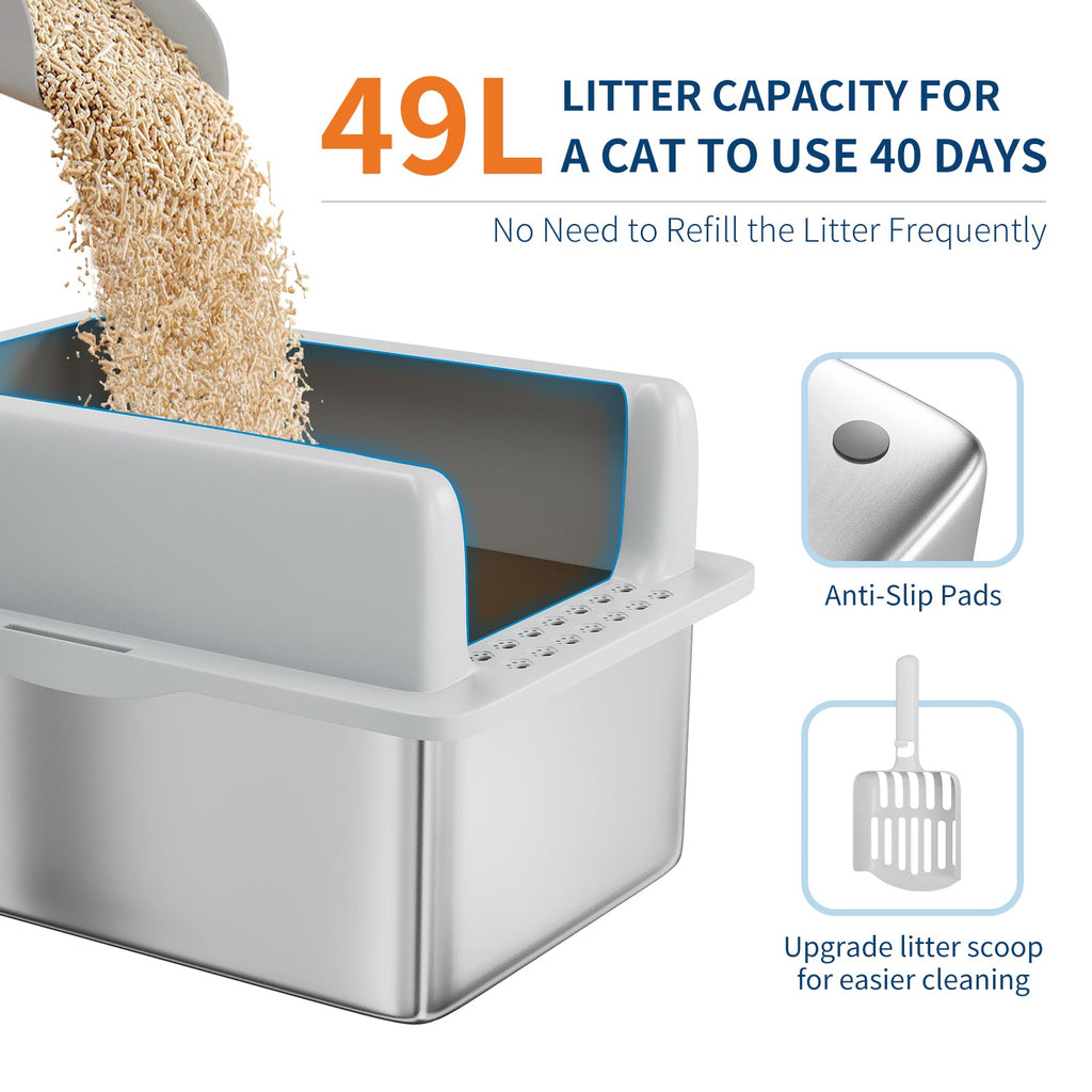 Garvee Extra Large Stainless Steel Cat Litter Box, XL Enclosed Litter Box with Lid for Big Cats, High Sided Metal Litter Box, Anti Leakage, Easy Clean and Odorless, Includes Scoop and Footboard