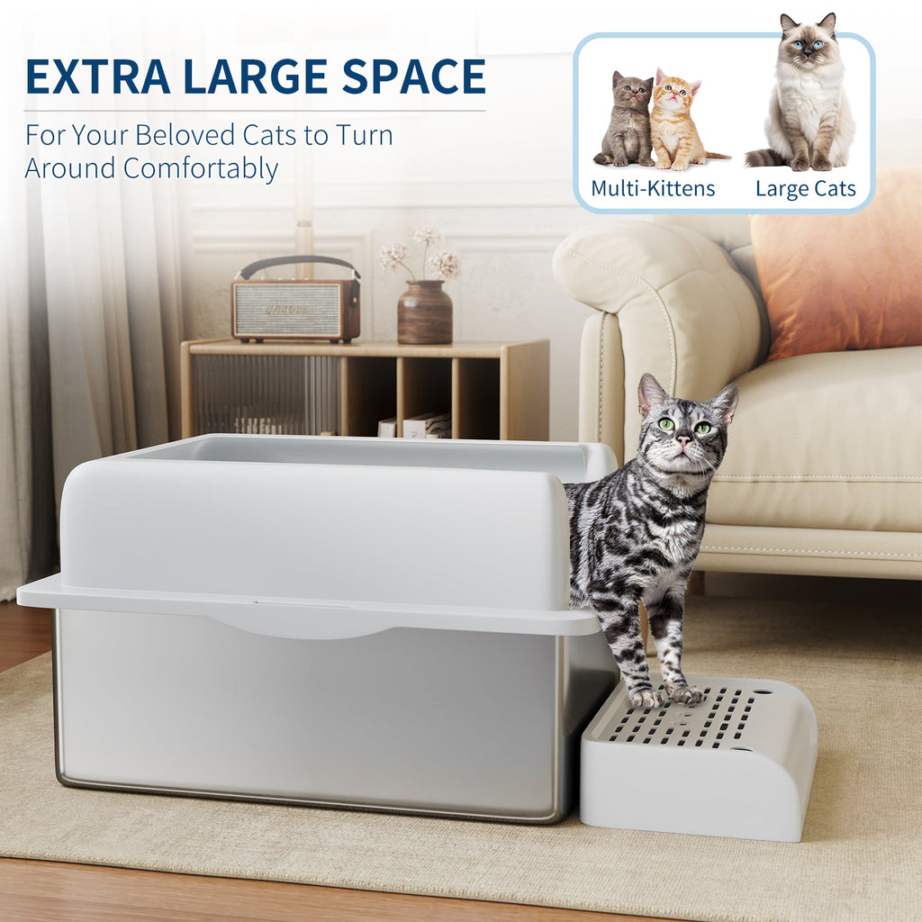 Garvee Extra Large Stainless Steel Cat Litter Box, XL Enclosed Litter Box with Lid for Big Cats, High Sided Metal Litter Box, Anti Leakage, Easy Clean and Odorless, Includes Scoop and Footboard