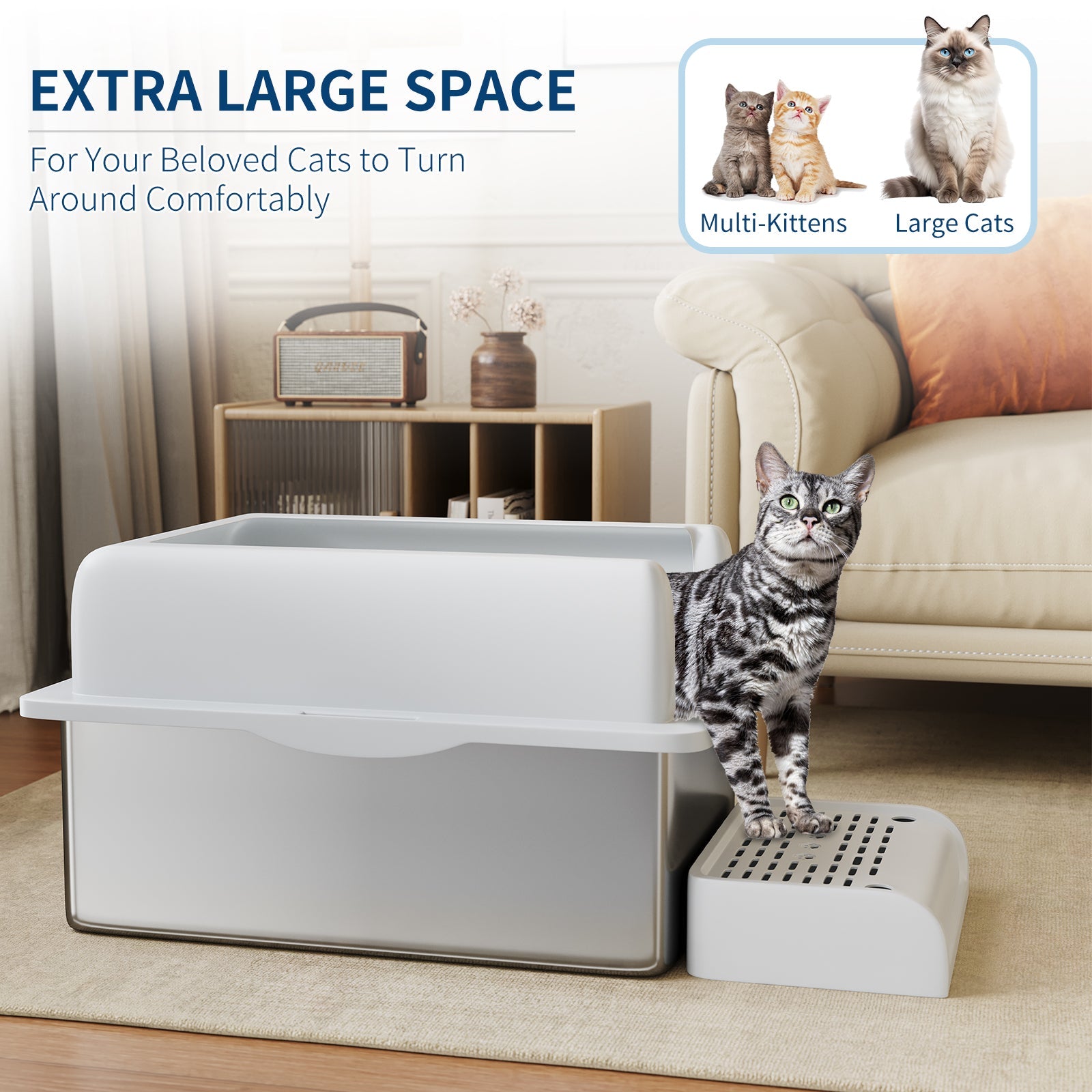 Garvee Extra Large Stainless Steel Cat Litter Box, XL Enclosed Litter Box with Lid for Big Cats, High Sided Metal Litter Box, Anti Leakage, Easy Clean and Odorless, Includes Scoop and Footboard