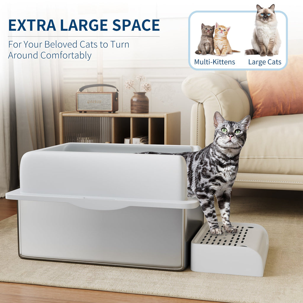 Garvee Extra Large Stainless Steel Cat Litter Box, XL Enclosed Litter Box with Lid for Big Cats, High Sided Metal Litter Box, Anti Leakage, Easy Clean and Odorless, Includes Scoop and Footboard