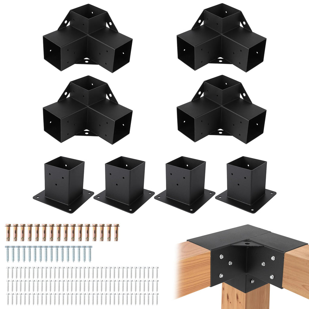 Garvee Pergola Kit, Heavy-Duty Carbon Steel Gazebo Kit with 4 3-Way Corner Brackets, 4 Post Bases for 4"x 4" Lumber, Perfect for Outdoor Patio Gazebos Log Cabins Pergola Hardware, Black