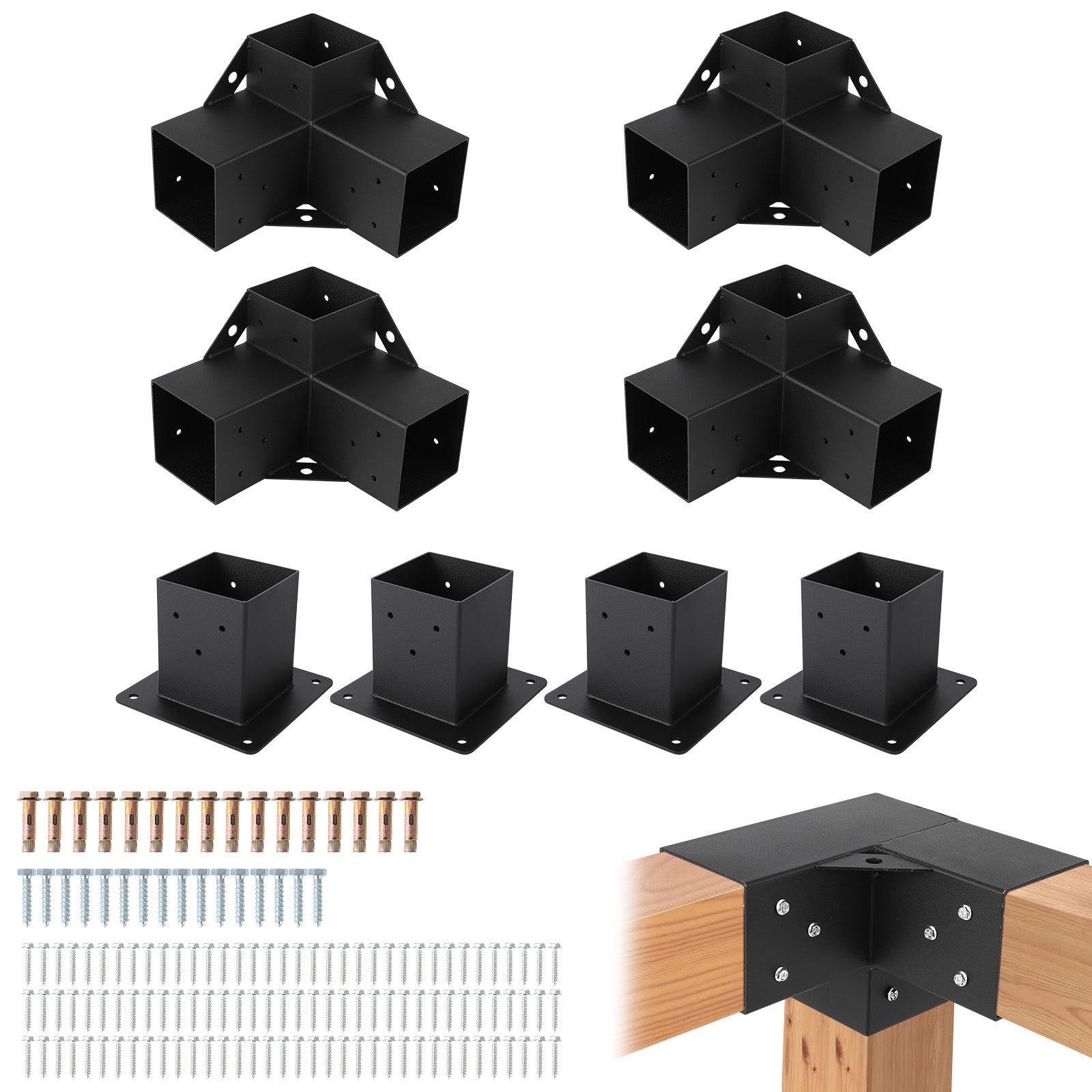 Garvee Pergola Kit, Heavy-Duty Carbon Steel Gazebo Kit with 4 3-Way Corner Brackets, 4 Post Bases for 4"x 4" Lumber, Perfect for Outdoor Patio Gazebos Log Cabins Pergola Hardware, Black