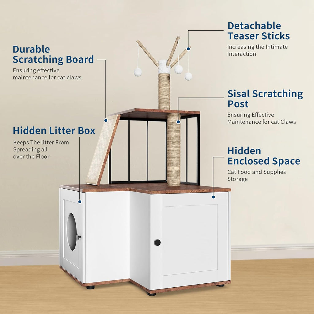 Garvee 48.8" 2-In-1 Hidden Litter Box & Cat Tree – Multi-Level Enclosure w/ Scratching Posts, Toys – Space-Saving Modern Furniture for Large Cats