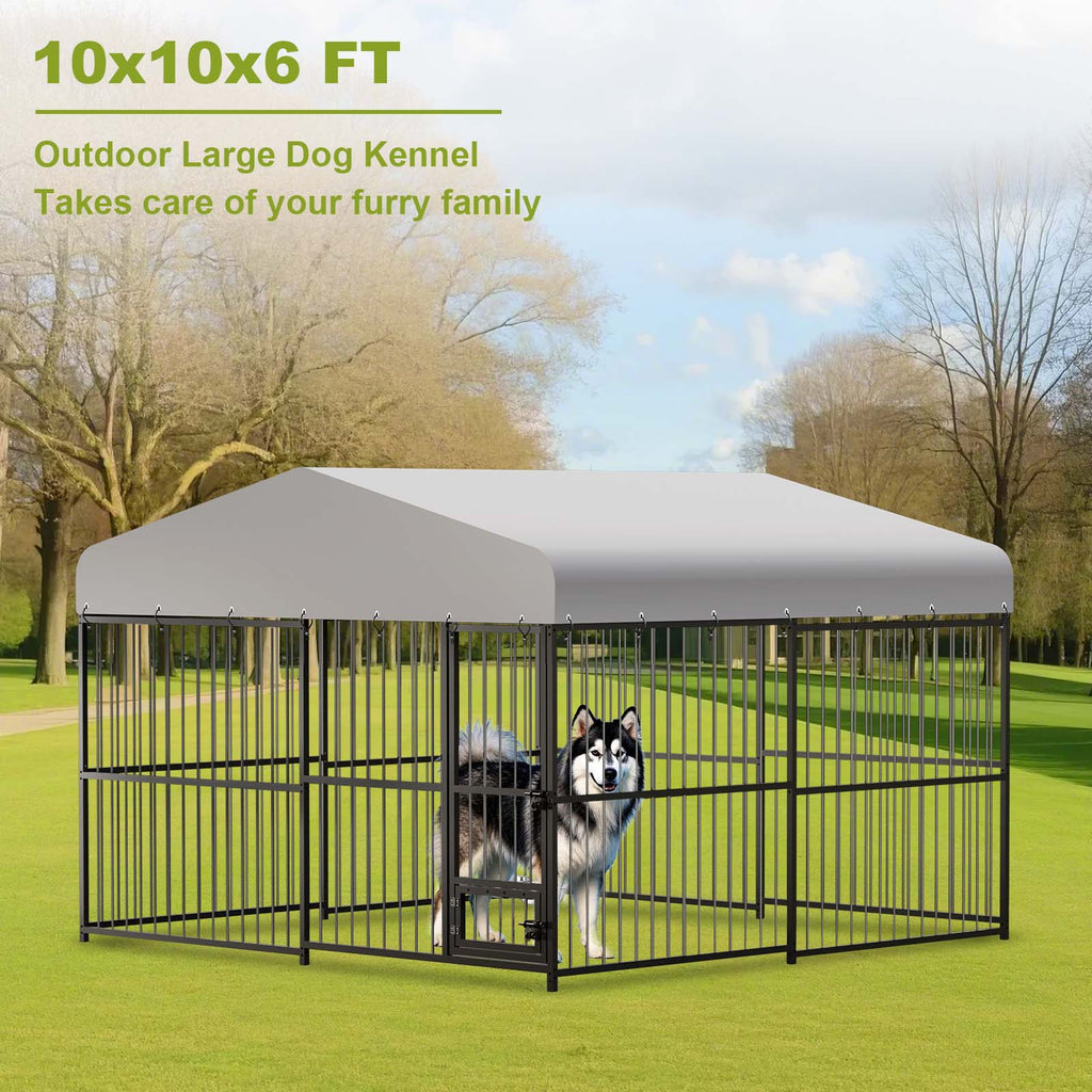 Garvee Large Outdoor Dog Kennel, Heavy Duty Dog Cage with Roof, Dog Kennel Galvanized Iron Dog House with Safety Locks, UV & Water Resistant Proof Cover, for Garden Backyard(10x10x6ft)