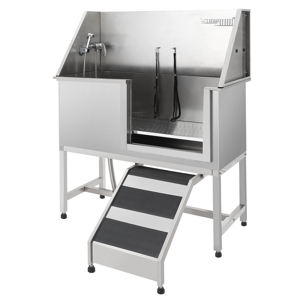 Garvee 50" Professional Stainless Steel Dog Washing Station – Dog Bathtub with Ramp, Non-Slip Grate, Right Ramp & Sliding Door for Grooming Salons and Home Use