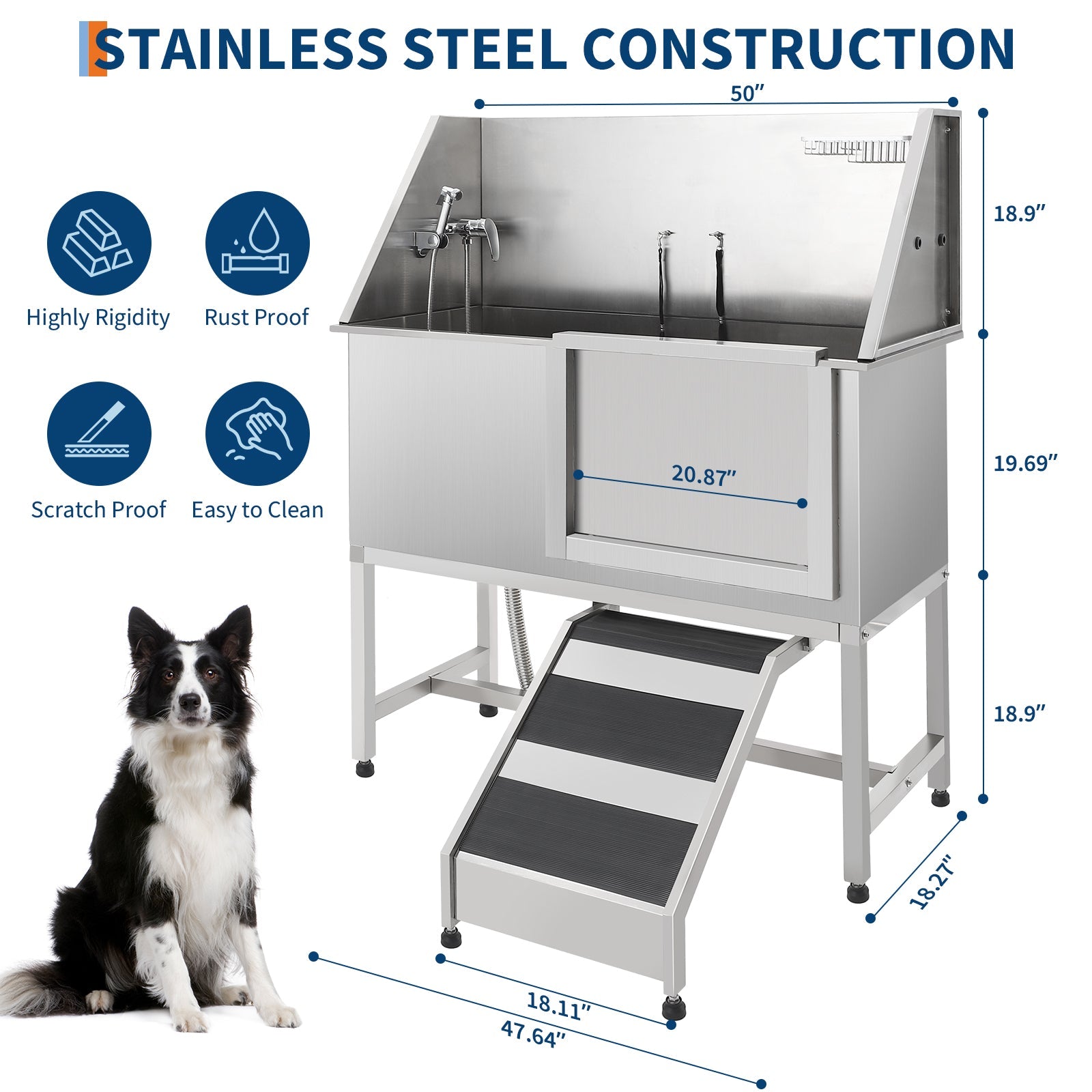Garvee 50" Professional Stainless Steel Dog Washing Station – Dog Bathtub with Ramp, Non-Slip Grate, Right Ramp & Sliding Door for Grooming Salons and Home Use