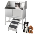 Garvee 50" Professional Stainless Steel Dog Washing Station – Dog Bathtub with Ramp, Non-Slip Grate, Right Ramp & Sliding Door for Grooming Salons and Home Use