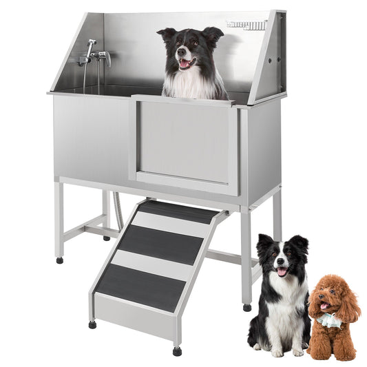 Garvee 50" Professional Stainless Steel Dog Washing Station – Dog Bathtub with Ramp, Non-Slip Grate, Right Ramp & Sliding Door for Grooming Salons and Home Use