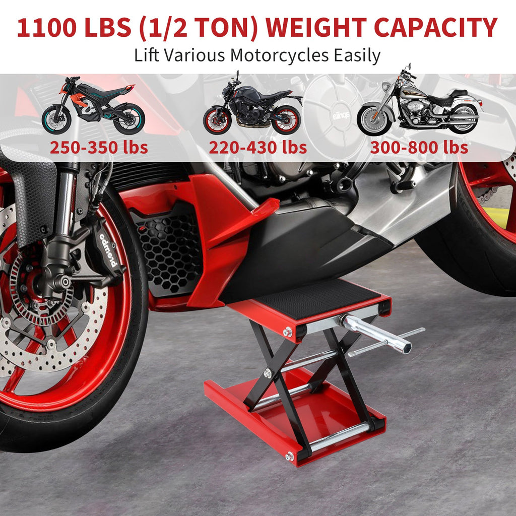 Garvee Motorcycle Lift, 1100 LBS Motorcycle Scissor Lift Jack with Wide Deck & Safety Pin, 3.15"-13.39" Center Hoist Crank Stand, Steel Scissor Jack for Street Bikes, Touring Motorcycles