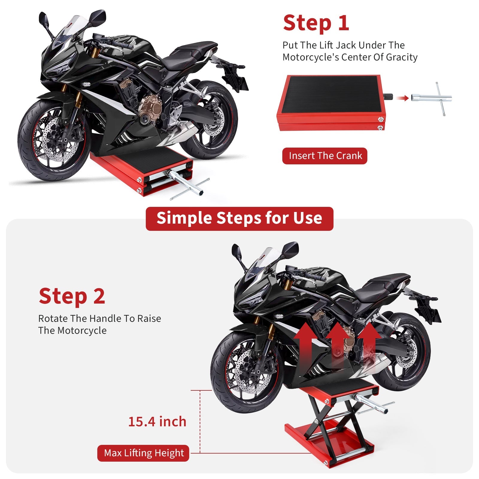 Garvee Motorcycle Lift, 1100 LBS Motorcycle Scissor Lift Jack with Wide Deck & Safety Pin, 3.15"-13.39" Center Hoist Crank Stand, Steel Scissor Jack for Street Bikes, Touring Motorcycles