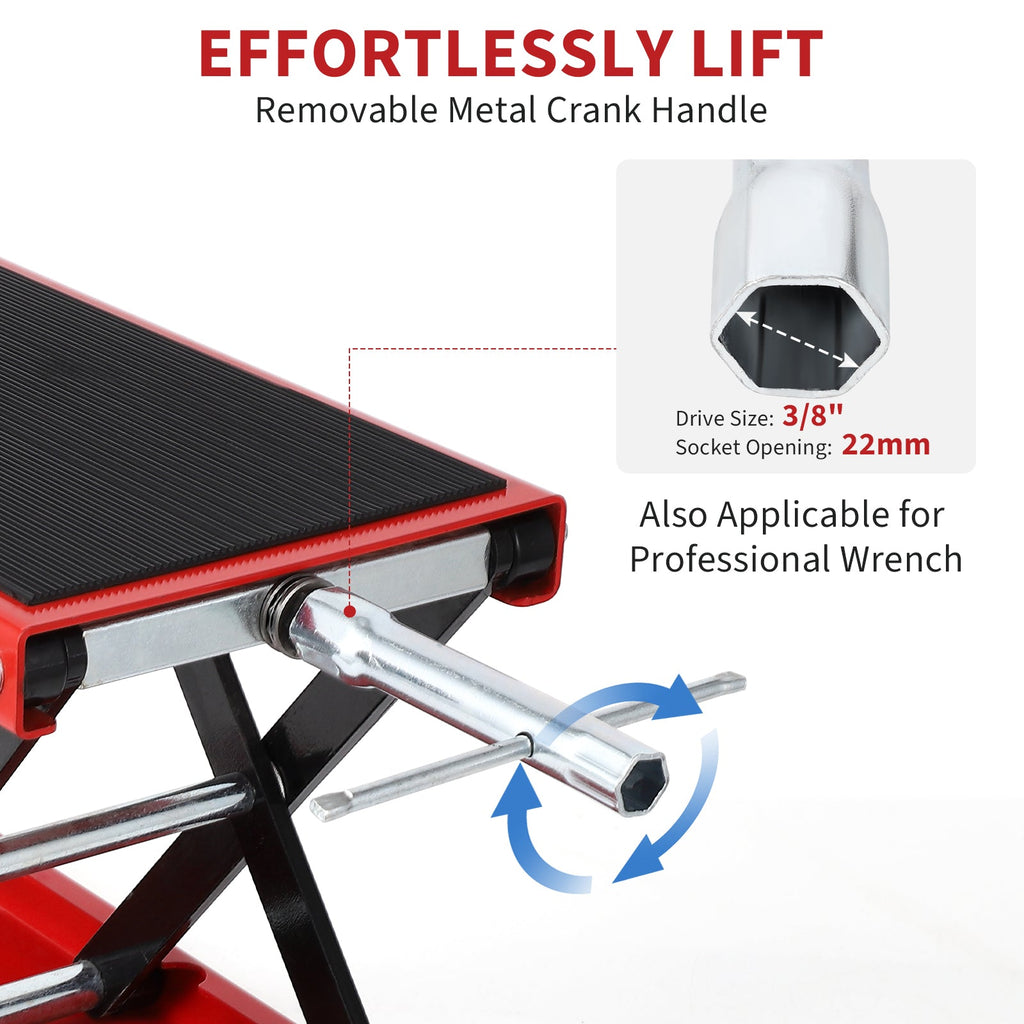 Garvee Motorcycle Lift, 1100 LBS Motorcycle Scissor Lift Jack with Wide Deck & Safety Pin, 3.15"-13.39" Center Hoist Crank Stand, Steel Scissor Jack for Street Bikes, Touring Motorcycles