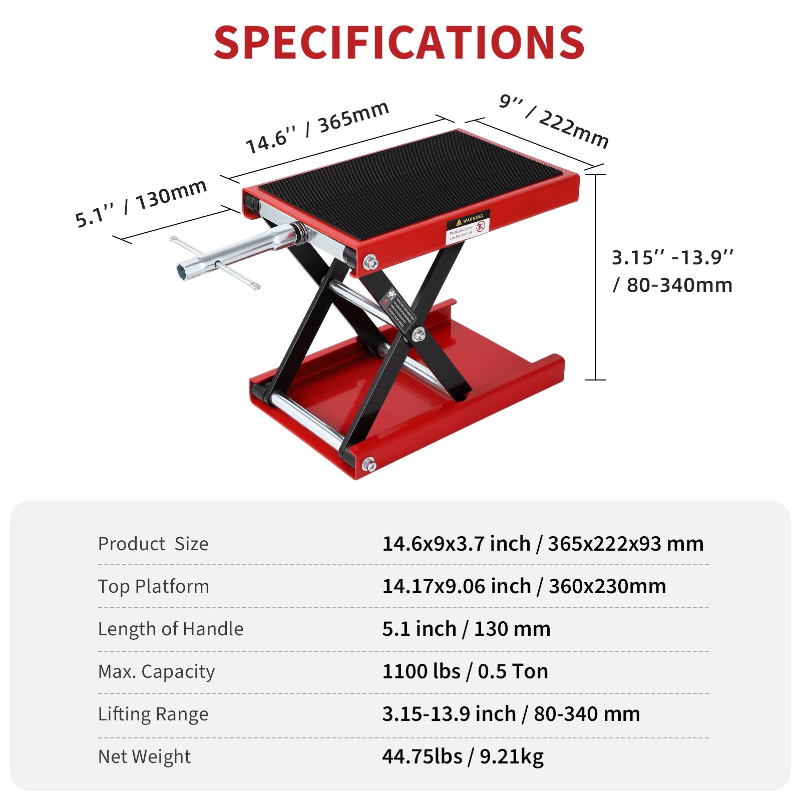 Garvee Motorcycle Lift, 1100 LBS Motorcycle Scissor Lift Jack with Wide Deck & Safety Pin, 3.15"-13.39" Center Hoist Crank Stand, Steel Scissor Jack for Street Bikes, Touring Motorcycles