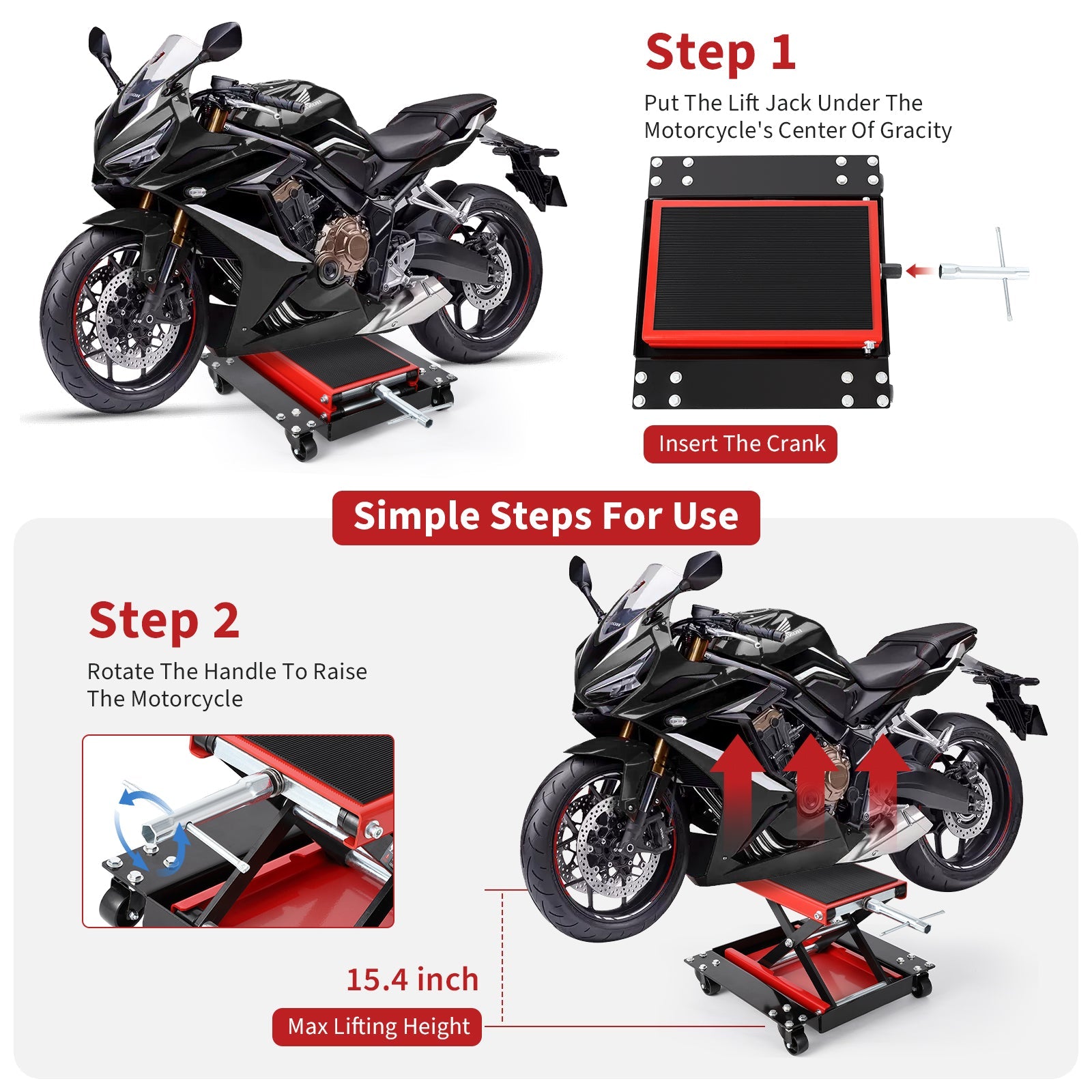 Garvee Motorcycle Lift, 1100 LBS Motorcycle Scissor Lift Jack with Dolly & Hand Crank, 3.15"-15.4" Center Hoist Crank Stand, Steel Scissor Jack for Street Bikes, Touring Motorcycles