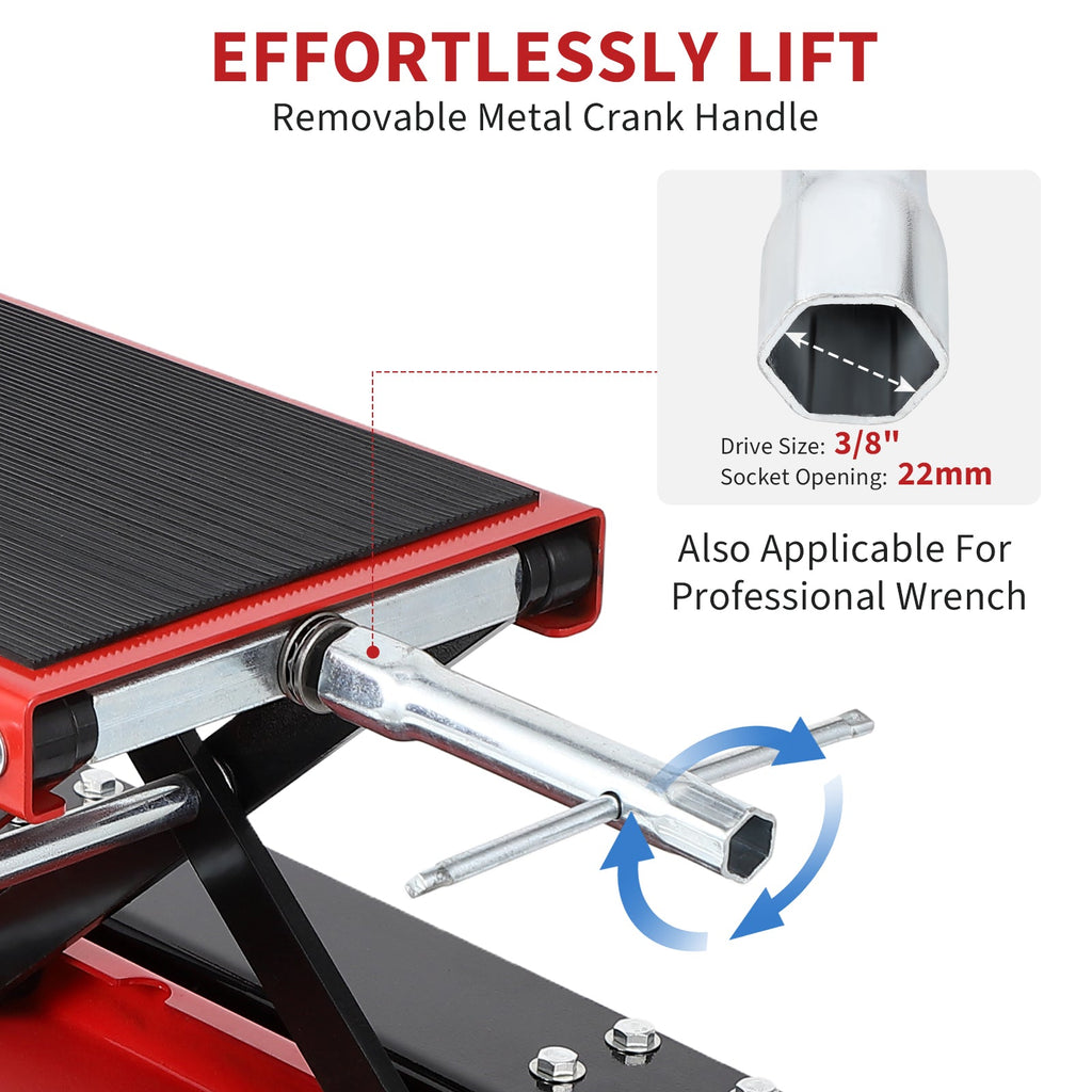 Garvee Motorcycle Lift, 1100 LBS Motorcycle Scissor Lift Jack with Dolly & Hand Crank, 3.15"-15.4" Center Hoist Crank Stand, Steel Scissor Jack for Street Bikes, Touring Motorcycles