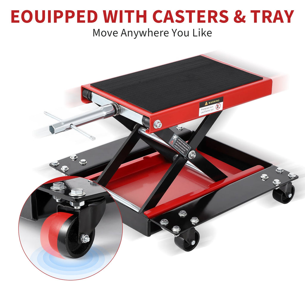 Garvee Motorcycle Lift, 1100 LBS Motorcycle Scissor Lift Jack with Dolly & Hand Crank, 3.15"-15.4" Center Hoist Crank Stand, Steel Scissor Jack for Street Bikes, Touring Motorcycles