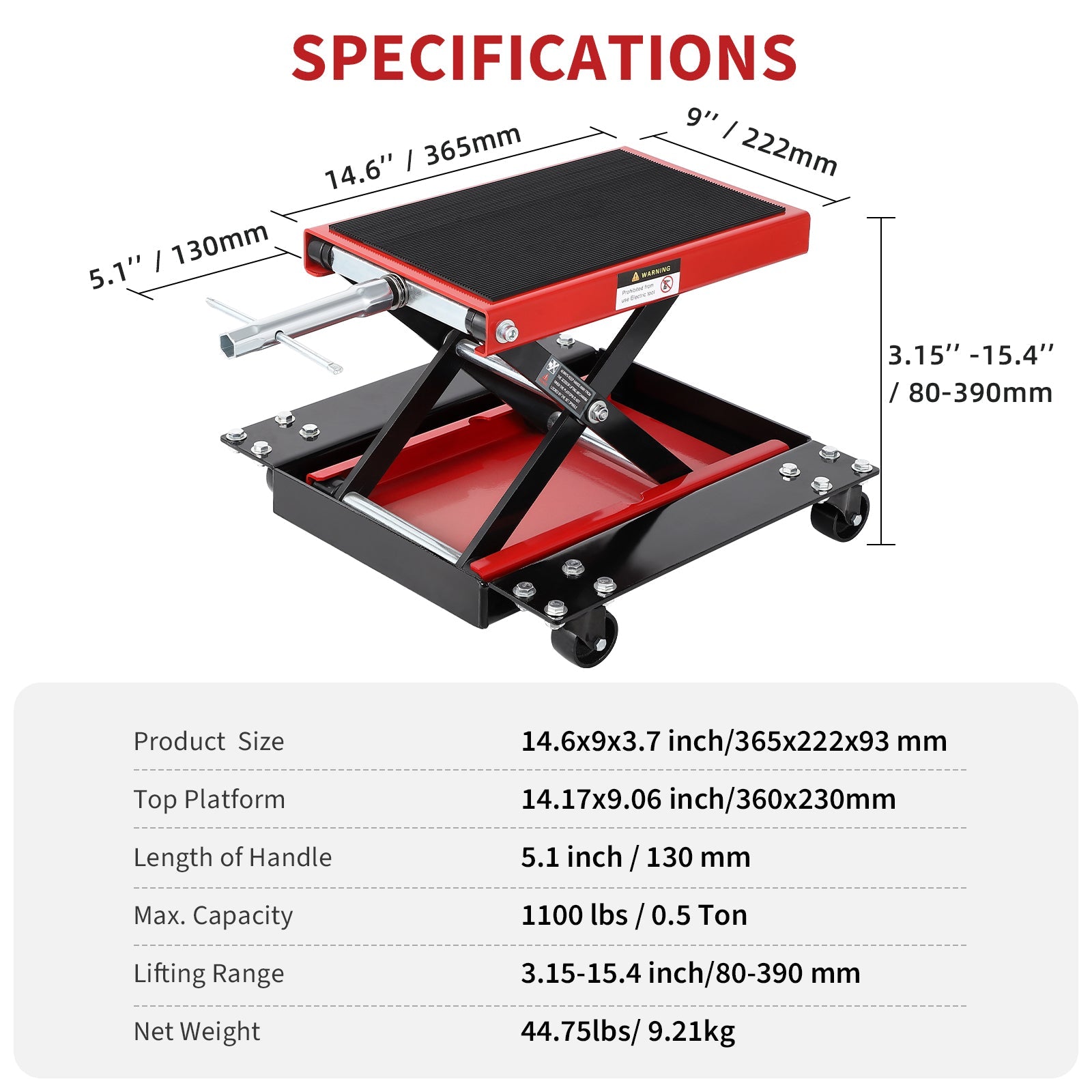 Garvee Motorcycle Lift, 1100 LBS Motorcycle Scissor Lift Jack with Dolly & Hand Crank, 3.15"-15.4" Center Hoist Crank Stand, Steel Scissor Jack for Street Bikes, Touring Motorcycles