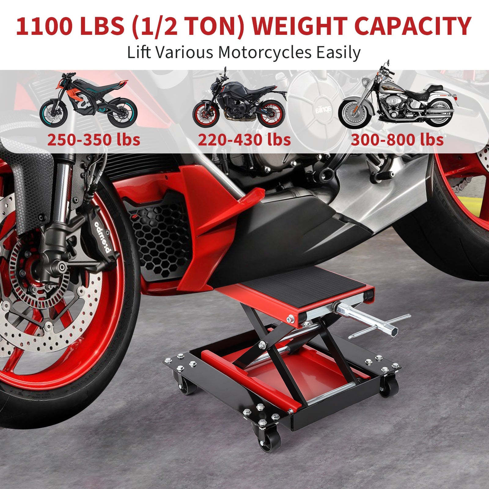 Garvee Motorcycle Lift, 1100 LBS Motorcycle Scissor Lift Jack with Dolly & Hand Crank, 3.15"-15.4" Center Hoist Crank Stand, Steel Scissor Jack for Street Bikes, Touring Motorcycles