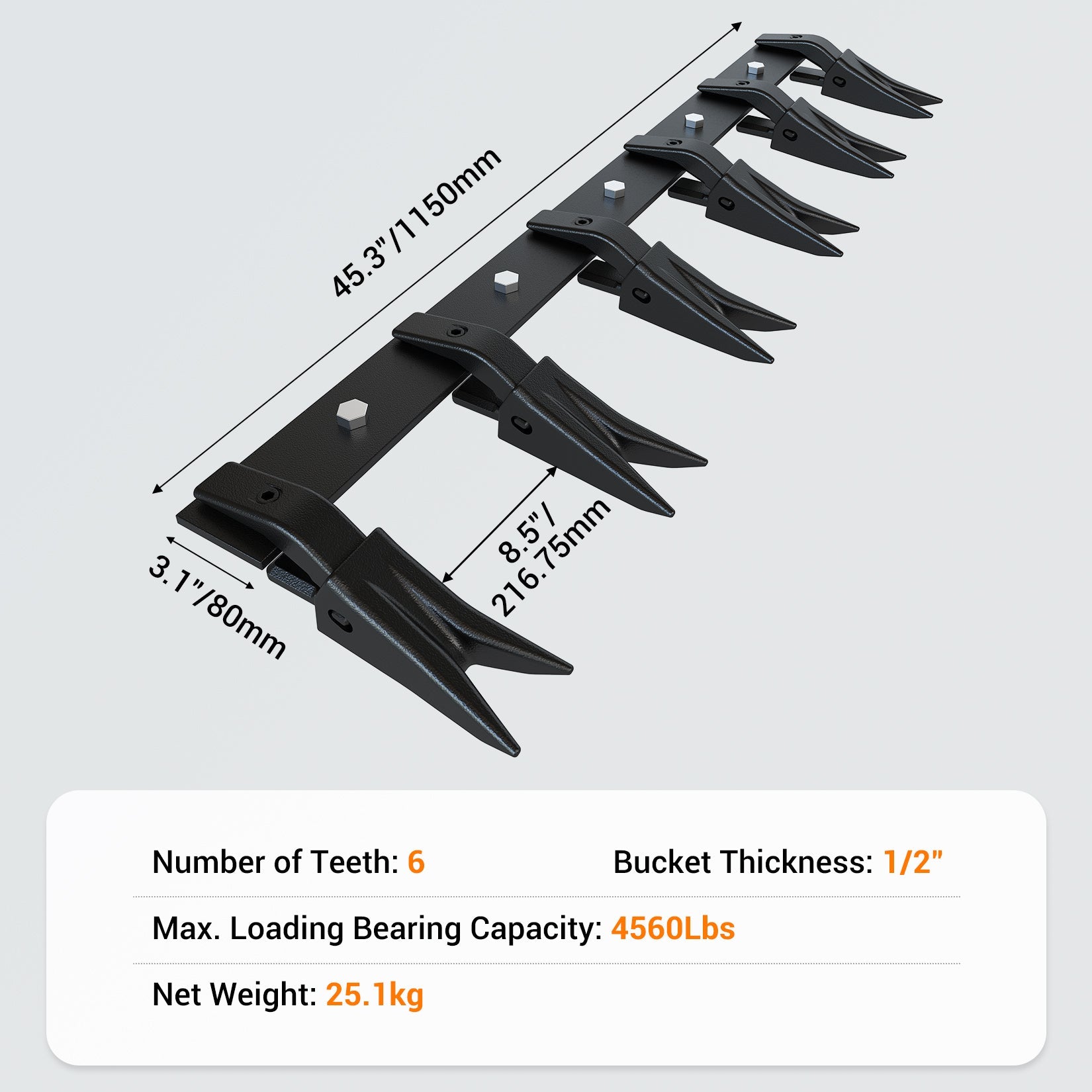 Garvee 46" Heavy-Duty Steel Bucket Tooth Bar – 4560-LB Load Capacity, Effortless Installation for Sub-Compact Tractors with ≤1/2" Cutting Edges Black