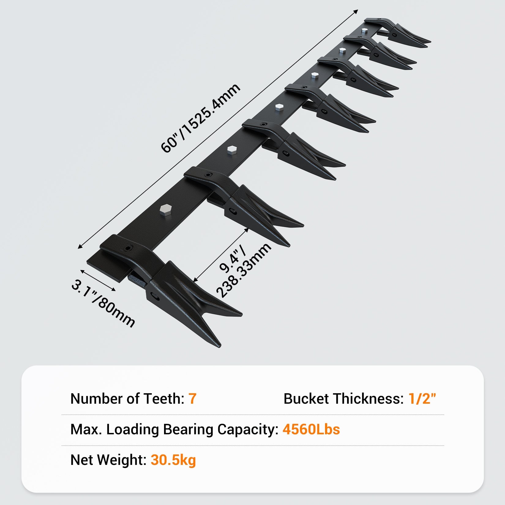 Garvee 61" Heavy-Duty Steel Bucket Tooth Bar – 4560-LB Load-Bearing, Effortless Installation for Sub-Compact Tractors with ≤1/2" Cutting Edges Black