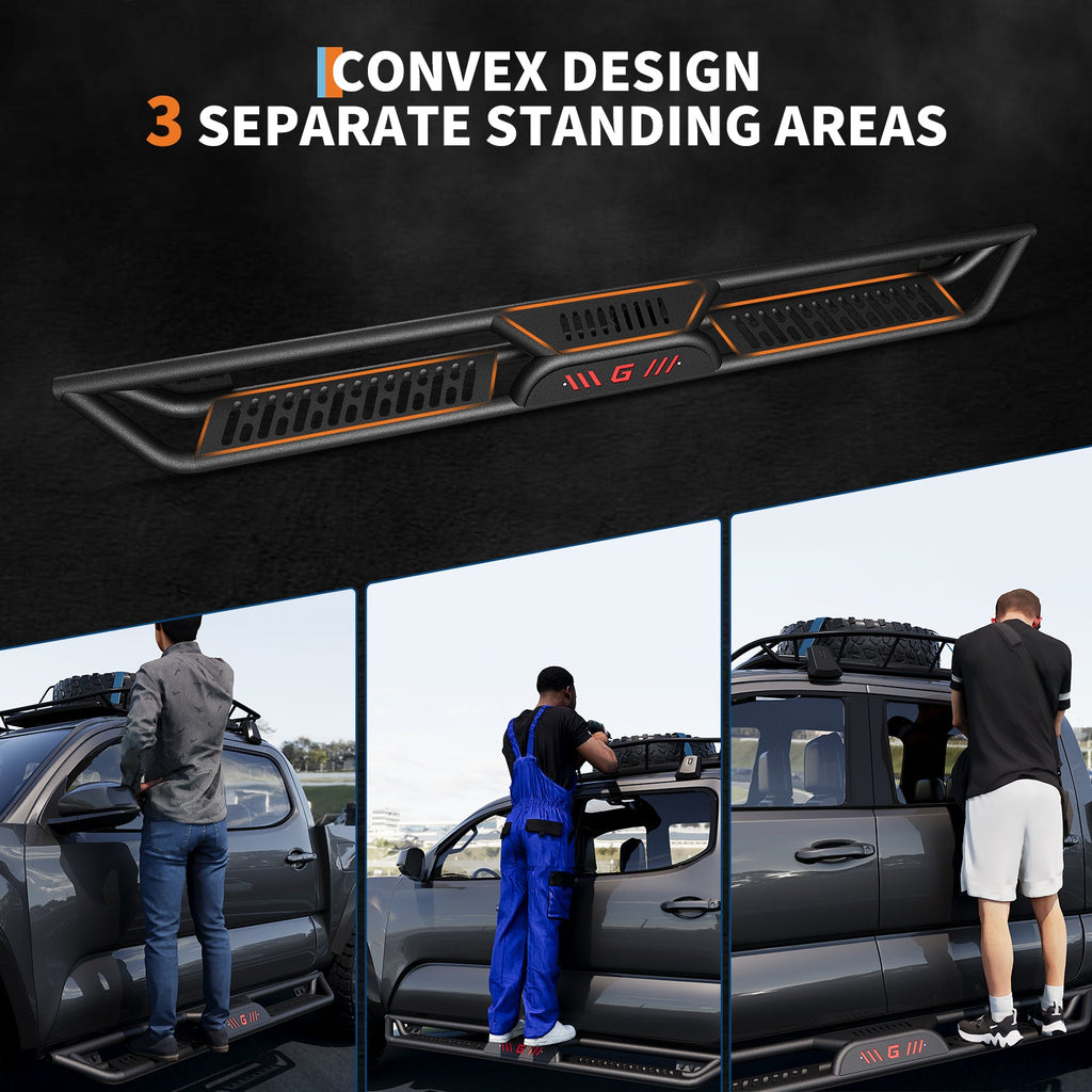 Garvee 6" Dual-Stage Running Boards Compatible with 2005-2023 Toyota Tacoma Double Cab, Bolt-On Steel Side Steps with Non-Slip Textured Surface, Black Powder Coated Direct Fit Nerf Bars