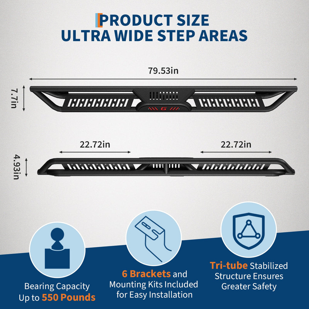 Garvee 6" Dual-Stage Running Boards Compatible with 2005-2023 Toyota Tacoma Double Cab, Bolt-On Steel Side Steps with Non-Slip Textured Surface, Black Powder Coated Direct Fit Nerf Bars