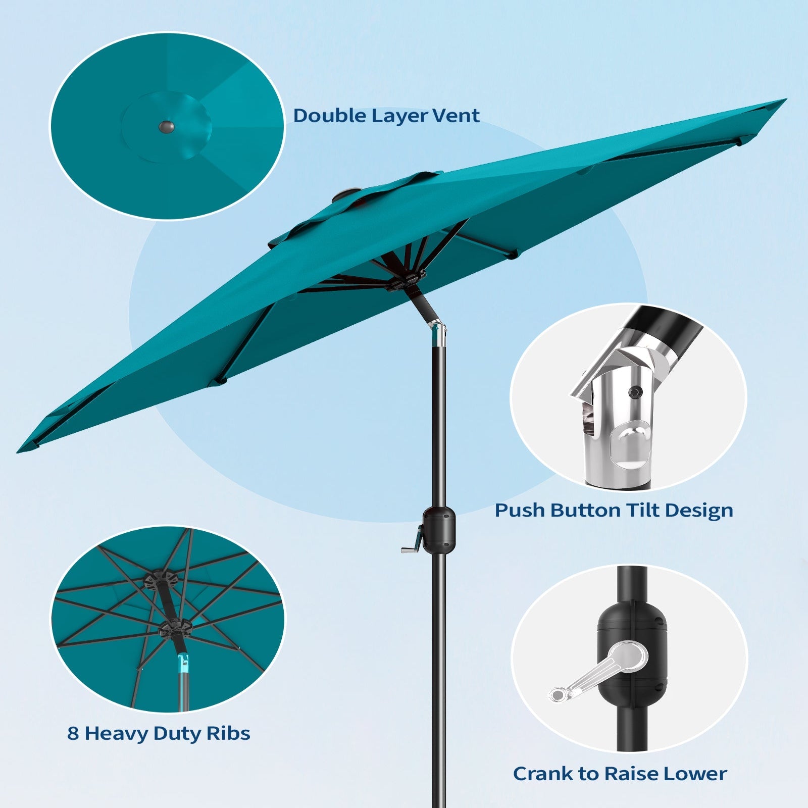 Garvee 9 ft Outdoor Patio Umbrella with 8 Sturdy Ribs, Crank Lift, Push-Button Tilt & UV-Resistant Waterproof Canopy for Pool, Deck, Yard & Garden, Turquoise