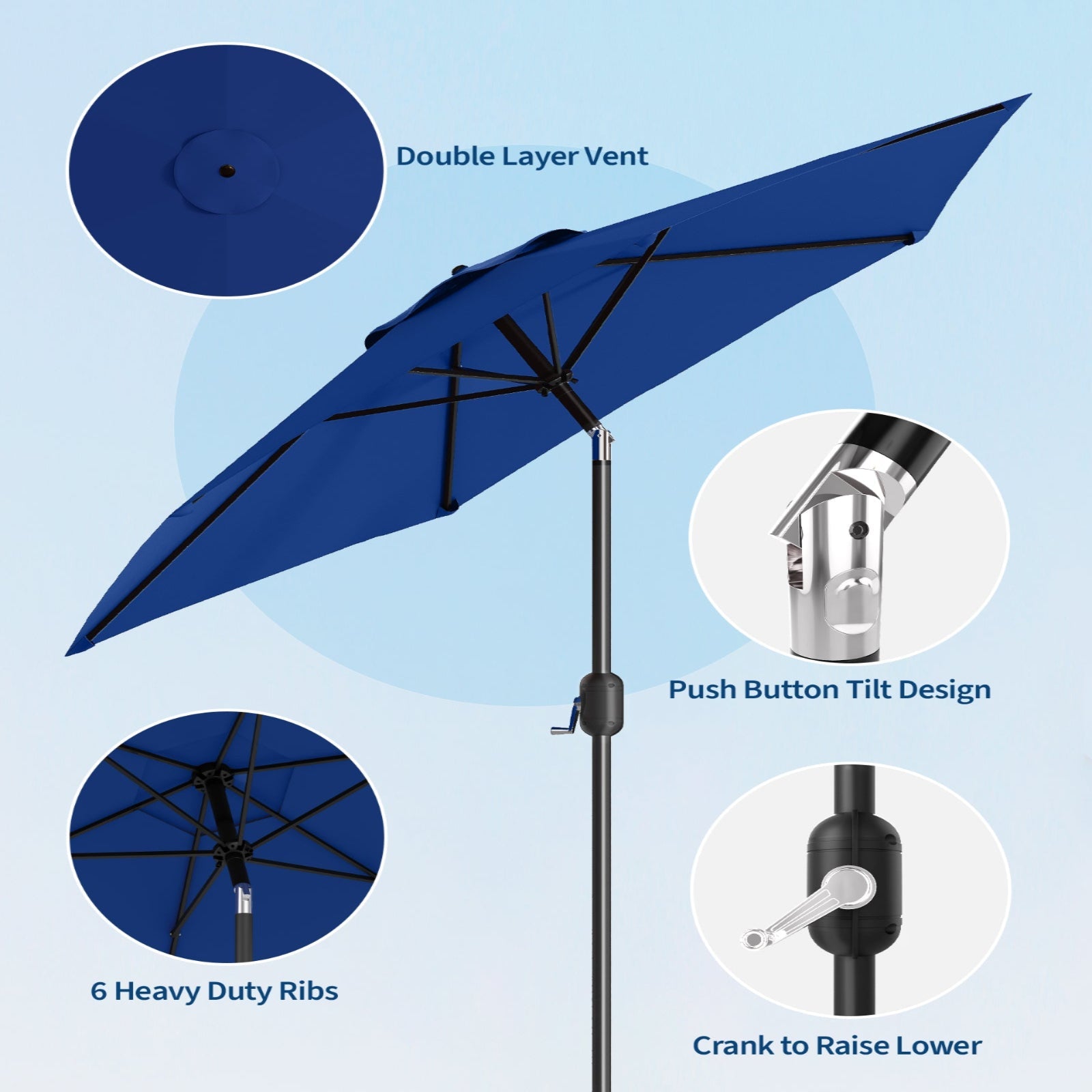 Garvee 7.5' Outdoor Patio Umbrella, Market Umbrella, 6 Sturdy Ribs UV Protection Waterproof, Navy