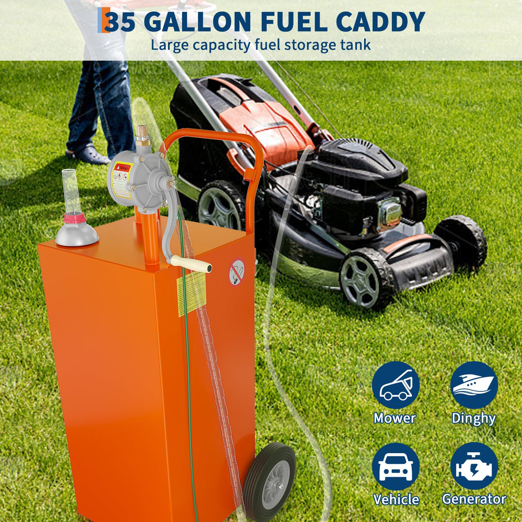 Garvee 35 Gallon Fuel Caddy,Fuel Storage Tank with Manual Transfer Pump,Gasoline Diesel Fuel Container for Cars, Lawn Mowers, ATVs, Boats, More, Orange