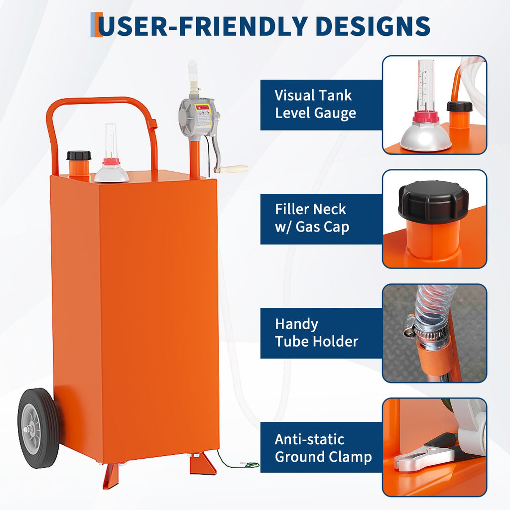 Garvee 35 Gallon Fuel Caddy,Fuel Storage Tank with Manual Transfer Pump,Gasoline Diesel Fuel Container for Cars, Lawn Mowers, ATVs, Boats, More, Orange