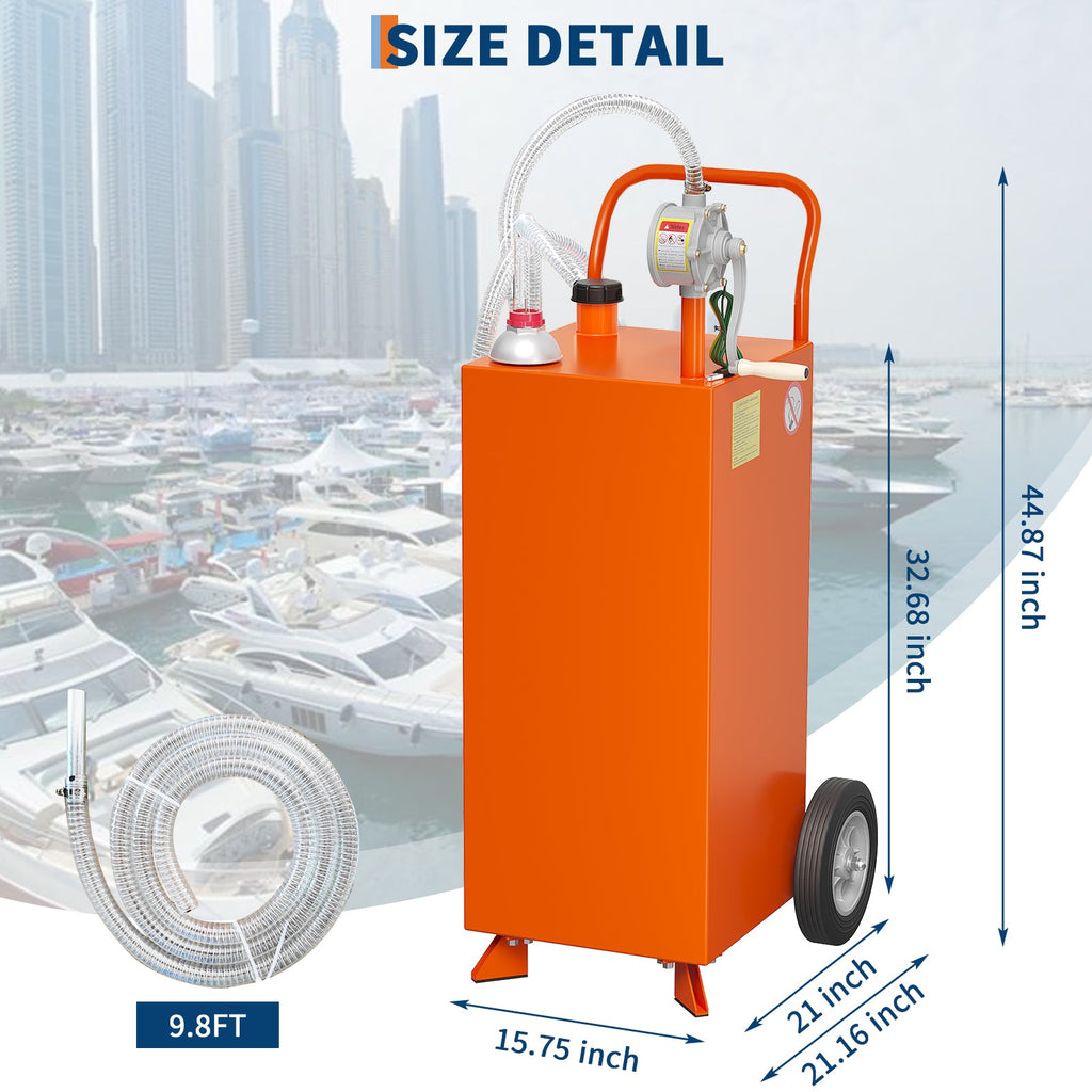 Garvee 35 Gallon Fuel Caddy,Fuel Storage Tank with Manual Transfer Pump,Gasoline Diesel Fuel Container for Cars, Lawn Mowers, ATVs, Boats, More, Orange