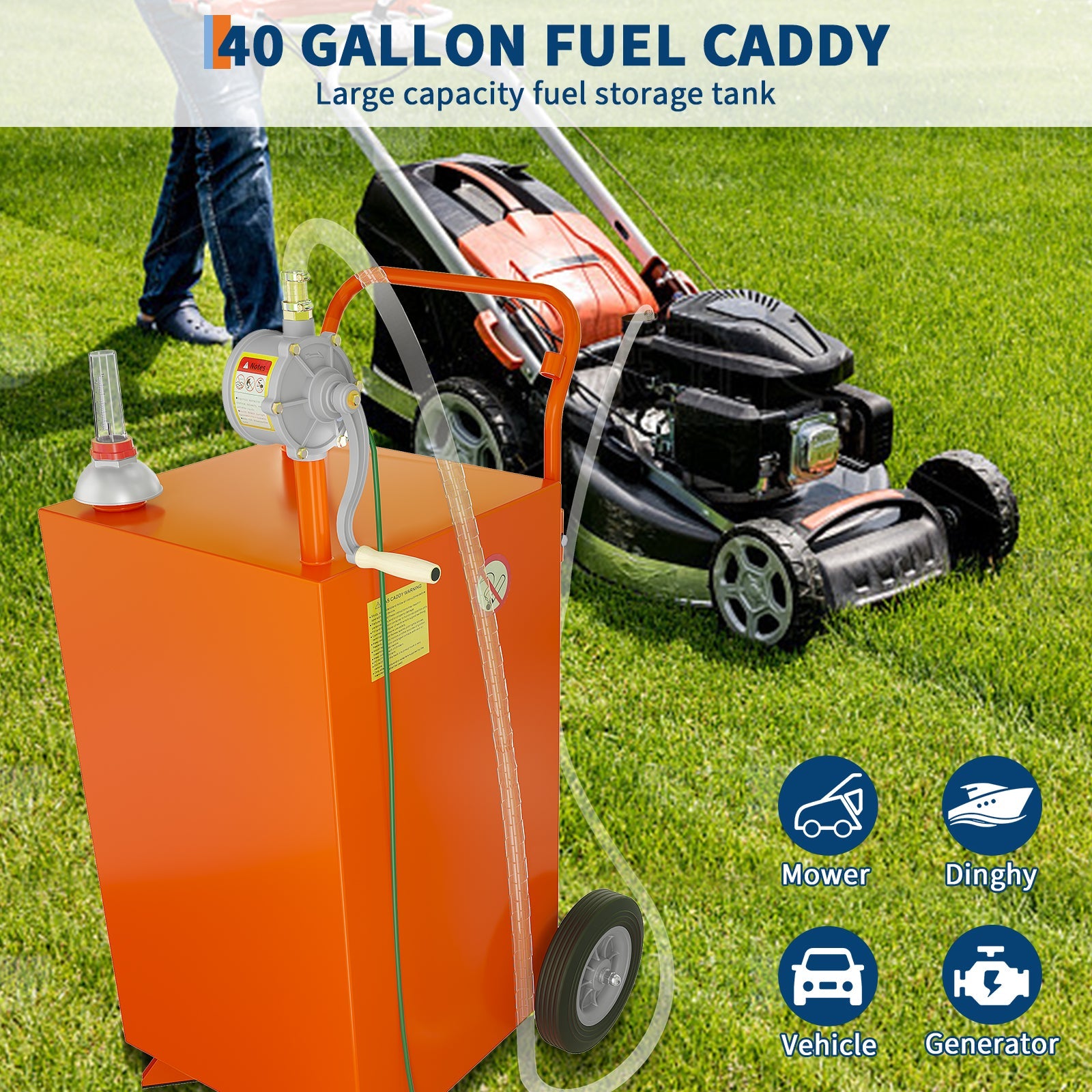 Garvee 40 Gallon Fuel Caddy, Portable Gas Caddy, Transfer Fluid Diesel Gasoline Storage Tank Container with 4 Wheels and 2-Way Rotary Pump for Boat ATV Car Motorcycle, Orange