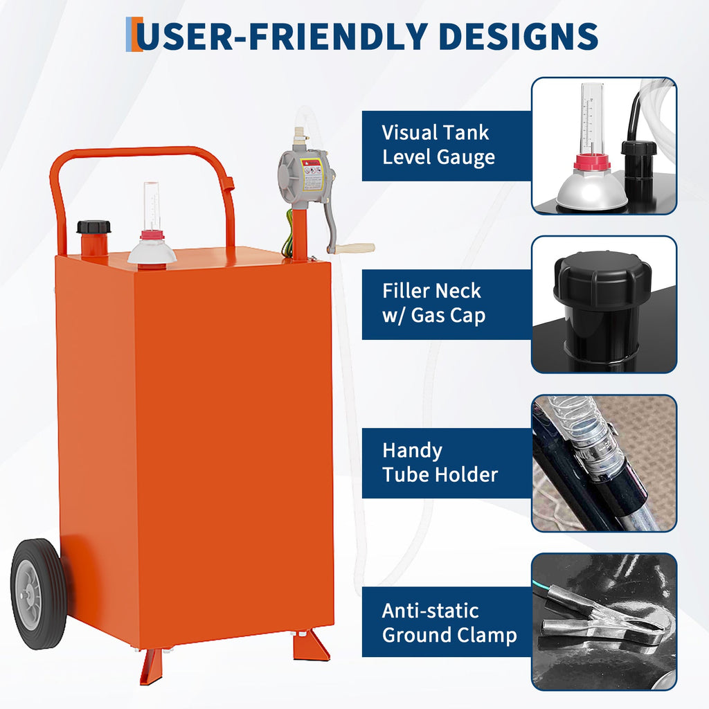 Garvee 40 Gallon Fuel Caddy, Portable Gas Caddy, Transfer Fluid Diesel Gasoline Storage Tank Container with 4 Wheels and 2-Way Rotary Pump for Boat ATV Car Motorcycle, Orange