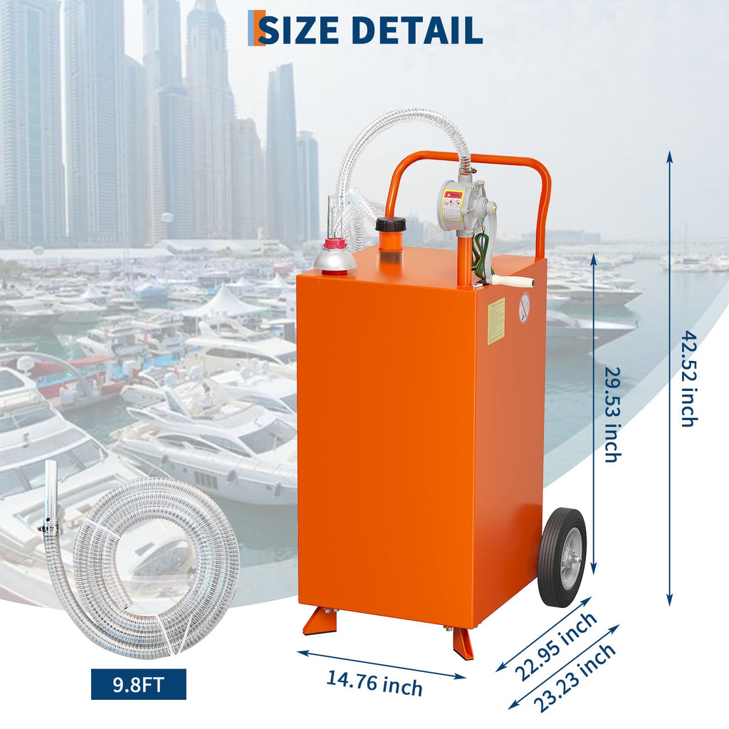 Garvee 40 Gallon Fuel Caddy, Portable Gas Caddy, Transfer Fluid Diesel Gasoline Storage Tank Container with 4 Wheels and 2-Way Rotary Pump for Boat ATV Car Motorcycle, Orange