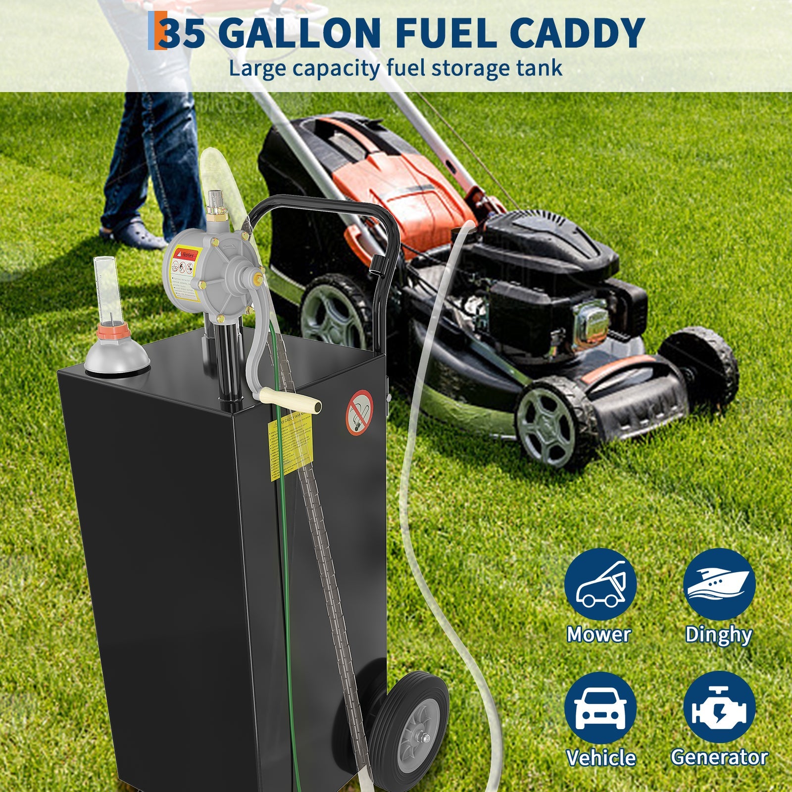Garvee 35 Gallon Fuel Caddy, Fuel Storage Tank with Manual Transfer Pump, Gasoline Diesel Fuel Container for Cars, Lawn Mowers, ATVs, Boats, More, Black