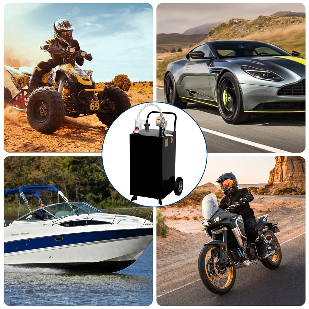 Garvee 40 Gallon Fuel Caddy with Manual Pump, 9.8 ft UV-Resistant Hose Tank Gauge Ground Clamp & 2 Wheels, Portable Gas Diesel Tank for Car Boat ATV Lawn Mower, Black