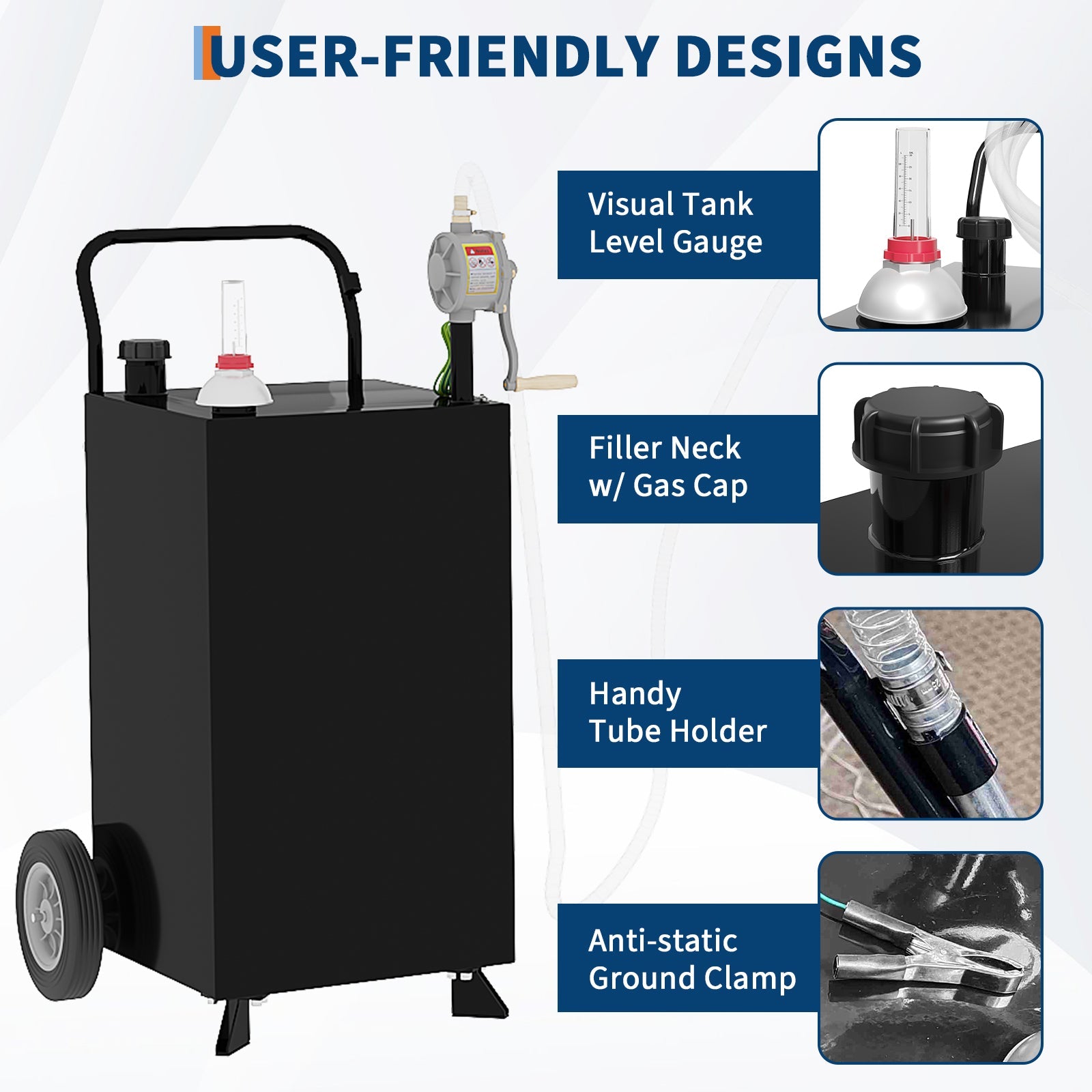 Garvee 45 Gallon Fuel Caddy, Portable Gas Caddy, Transfer Fluid Diesel Gasoline Storage Tank Container with Fuel Transfer Rotary Hand Pump/Wheels for Boat ATV Car Motorcycle, Black