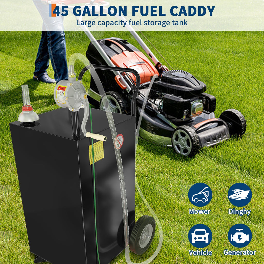 Garvee 45 Gallon Fuel Caddy, Portable Gas Caddy, Transfer Fluid Diesel Gasoline Storage Tank Container with Fuel Transfer Rotary Hand Pump/Wheels for Boat ATV Car Motorcycle, Black