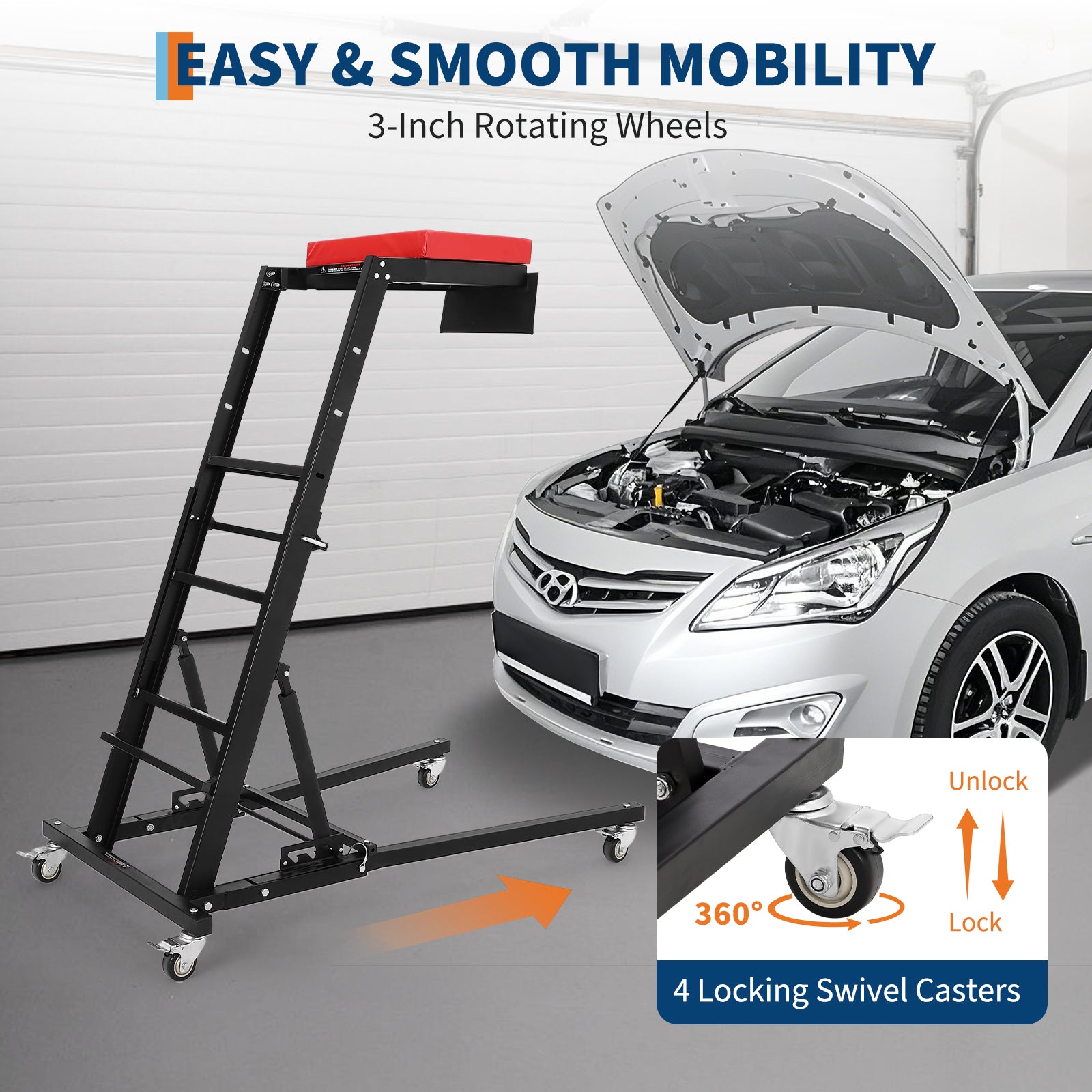 Garvee Foldable Topside Automotive Creeper, 45.7"-66.3" Adjustable Height 400lbs Capacity Engine Creeper with Padded Deck & Locking Swivel Casters for Garage Workshop Repair Maintenance, H-Base