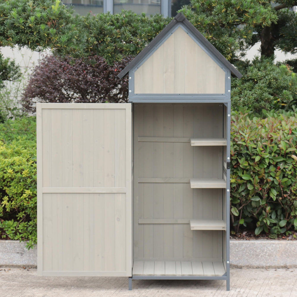 Garvee Large Capacity Wooden Tool Shed with Metal Frame & Pointed Roof - 3-Tier Adjustable Shelves Outdoor Storage Cabinet - Waterproof Garden Shed for Lawn Mowers, Yard Tools, Gray