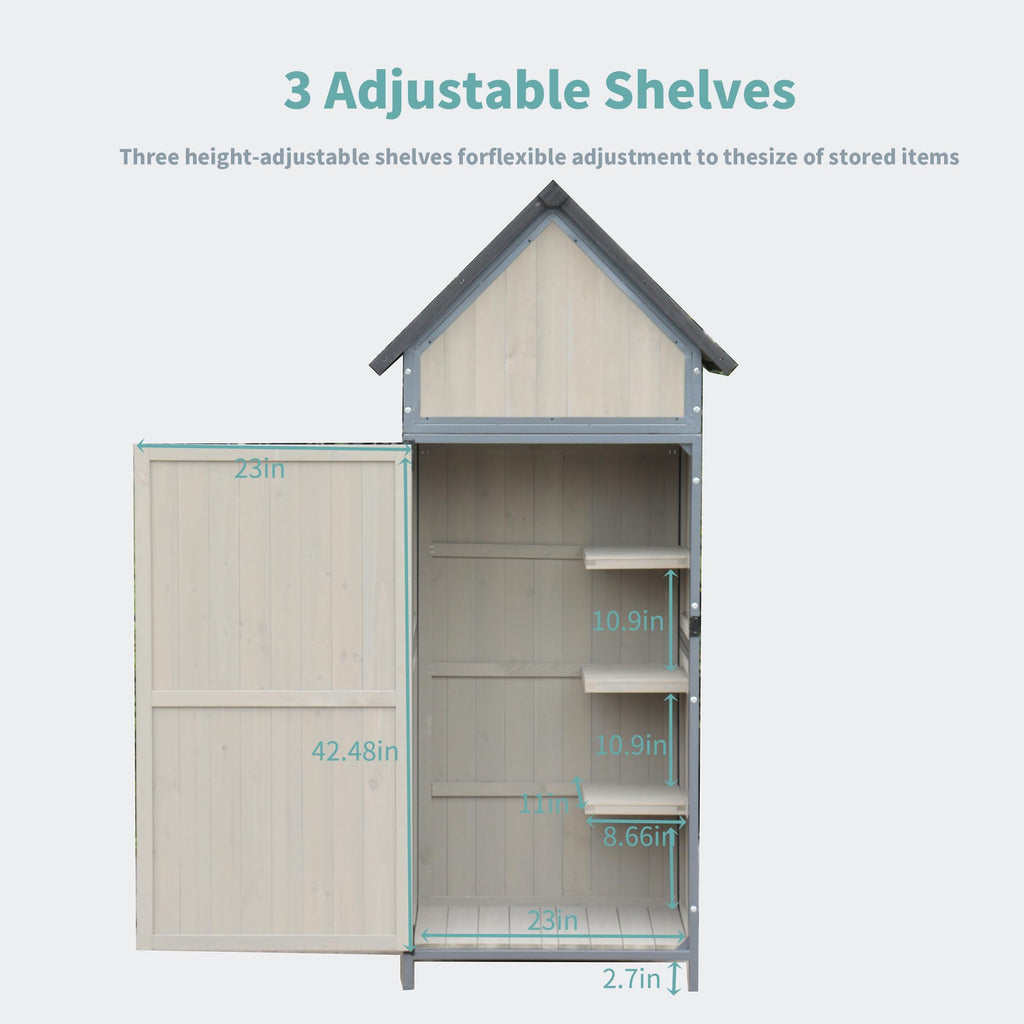 Garvee Large Capacity Wooden Tool Shed with Metal Frame & Pointed Roof - 3-Tier Adjustable Shelves Outdoor Storage Cabinet - Waterproof Garden Shed for Lawn Mowers, Yard Tools, Gray