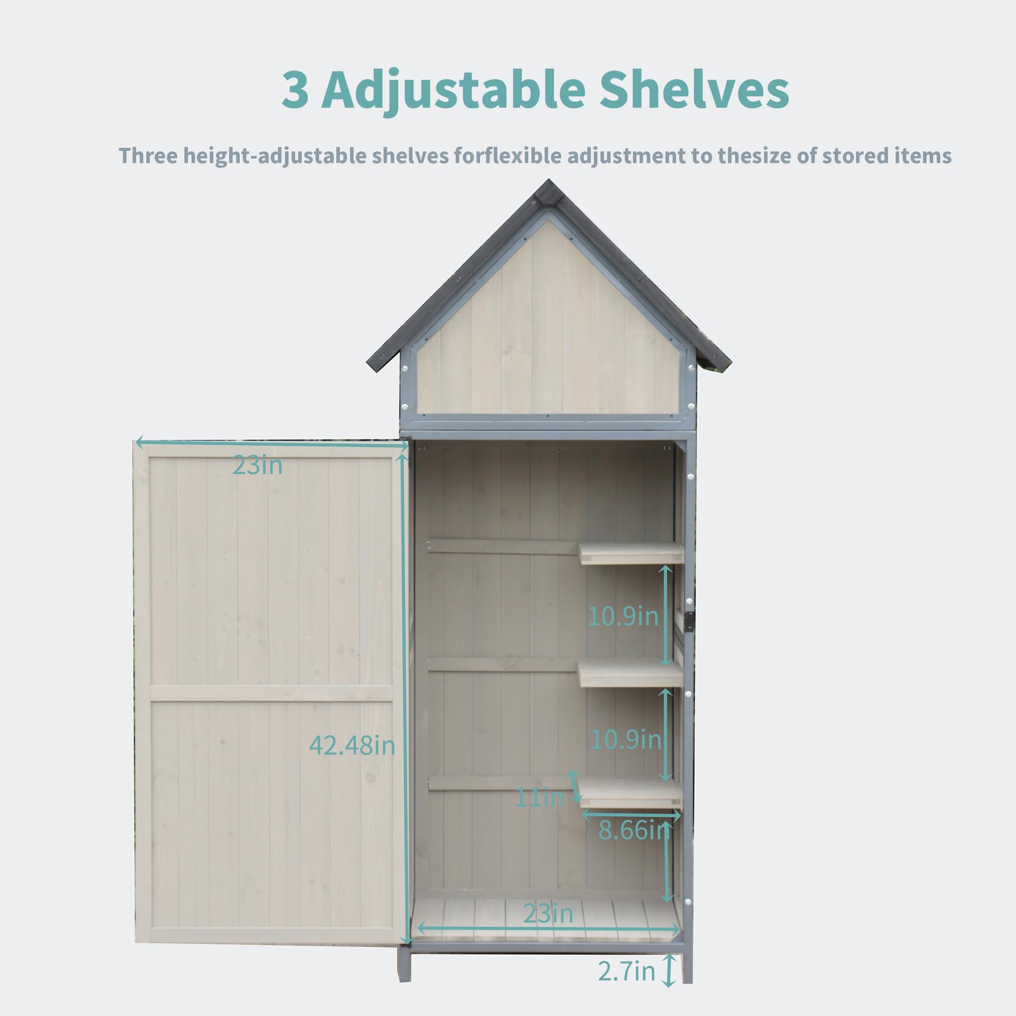 Garvee Large Capacity Wooden Tool Shed with Metal Frame & Pointed Roof - 3-Tier Adjustable Shelves Outdoor Storage Cabinet - Waterproof Garden Shed for Lawn Mowers, Yard Tools, Gray