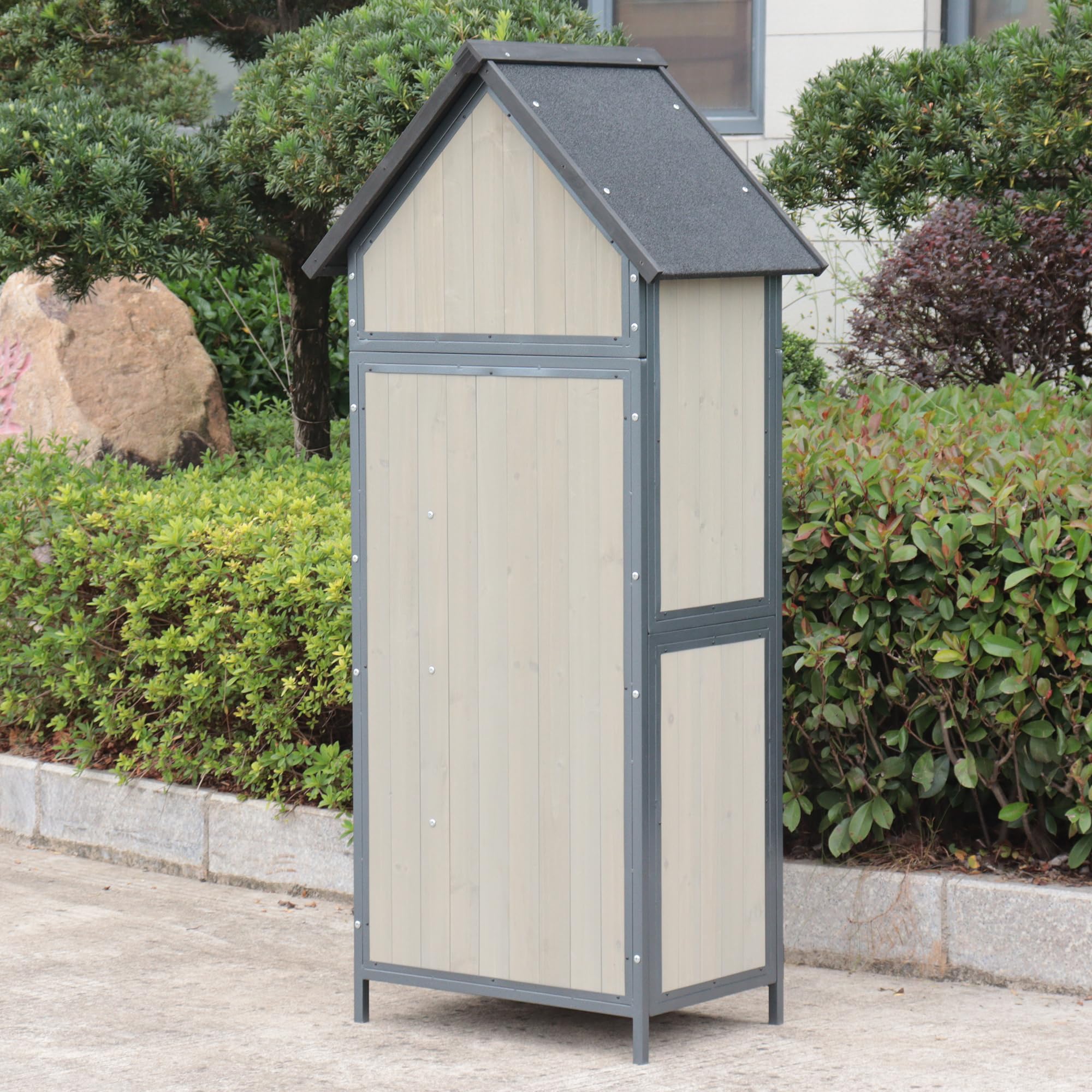 Garvee Large Capacity Wooden Tool Shed with Metal Frame & Pointed Roof - 3-Tier Adjustable Shelves Outdoor Storage Cabinet - Waterproof Garden Shed for Lawn Mowers, Yard Tools, Gray
