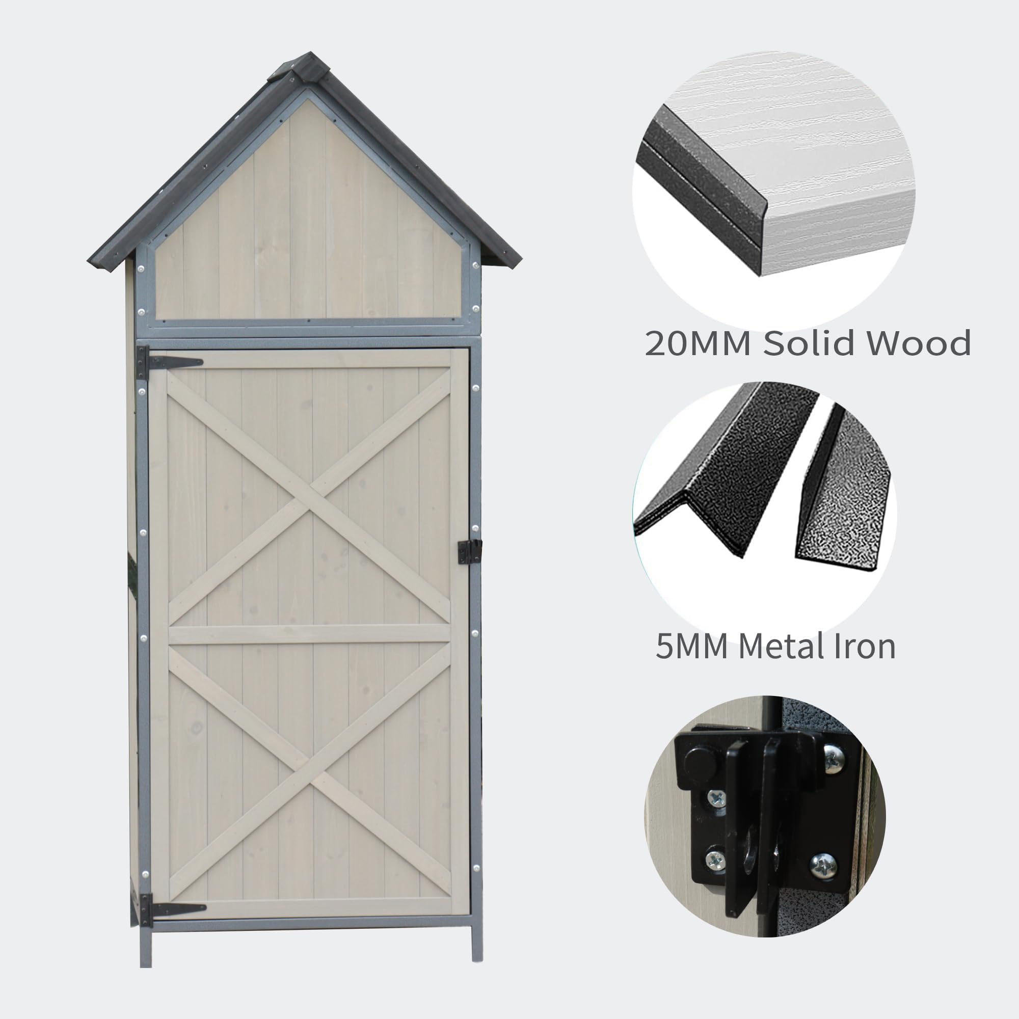 Garvee Large Capacity Wooden Tool Shed with Metal Frame & Pointed Roof - 3-Tier Adjustable Shelves Outdoor Storage Cabinet - Waterproof Garden Shed for Lawn Mowers, Yard Tools, Gray