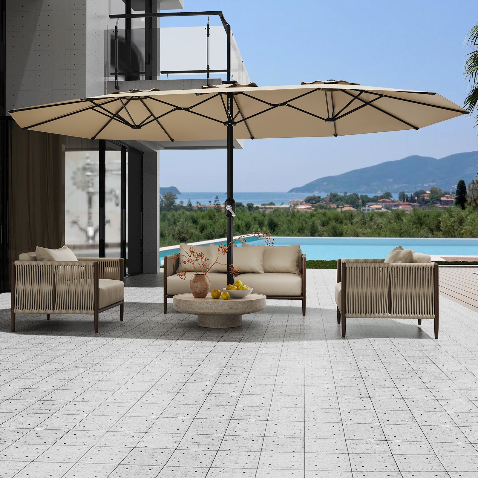 Garvee 13' Double-Sided Umbrella, Outdoor Patio Umbrellas, Rectangle Market Umbrella with Crank Handle, Large Patio Umbrell for Poolside Backyard, Beige