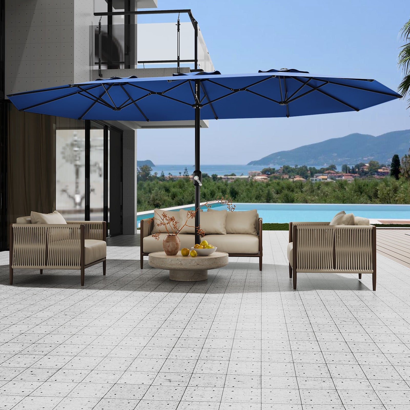 Garvee 13' Double-Sided Umbrella, Outdoor Patio Umbrellas, Rectangle Market Umbrella with Crank Handle, Large Patio Umbrell for Poolside Backyard, Navy Blue