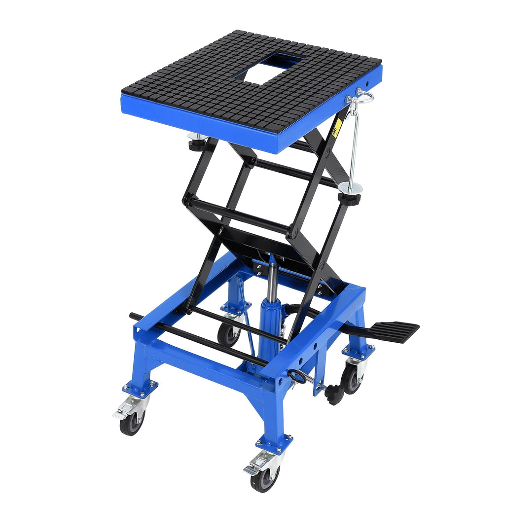 Garvee 350 lbs Hydraulic Motorcycle Lift Jack Table - Foot-Operated Scissor Lift with Anti-Slip Platform, Drainage Rubber Mat, and J-Hooks for Motorcycle, ATV, and Dirt Bike Maintenance, Blue