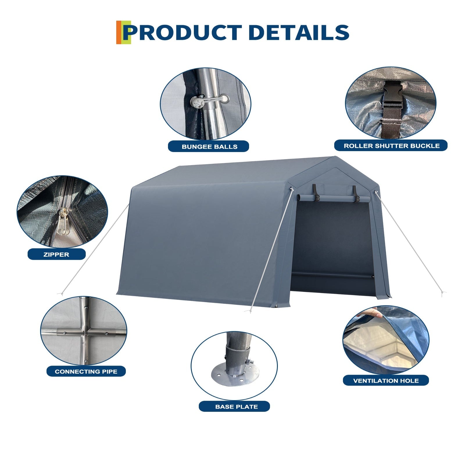 Garvee 6x6 Ft Portable Outdoor Carport Storage Shelter with Roll Up Zipper Doors, Heavy Duty/Waterproof/Anti-UV Garage Tent for Motorcycle Bike Garden Tools, Grey